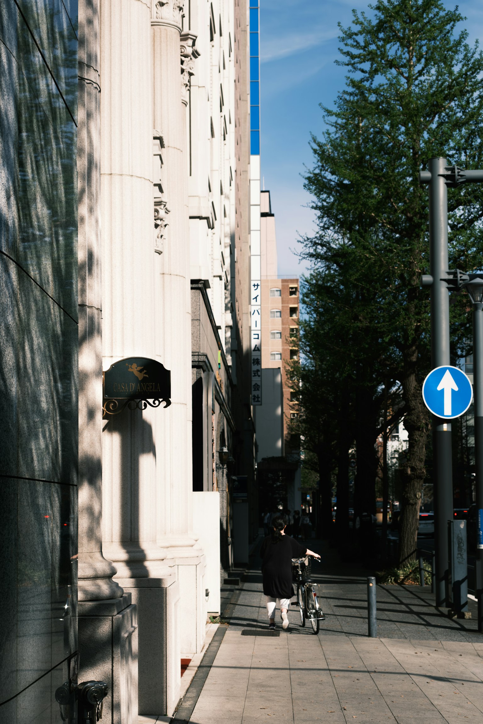 Une personne poussant un vélo le long d'une rue avec des ombres de bâtiments