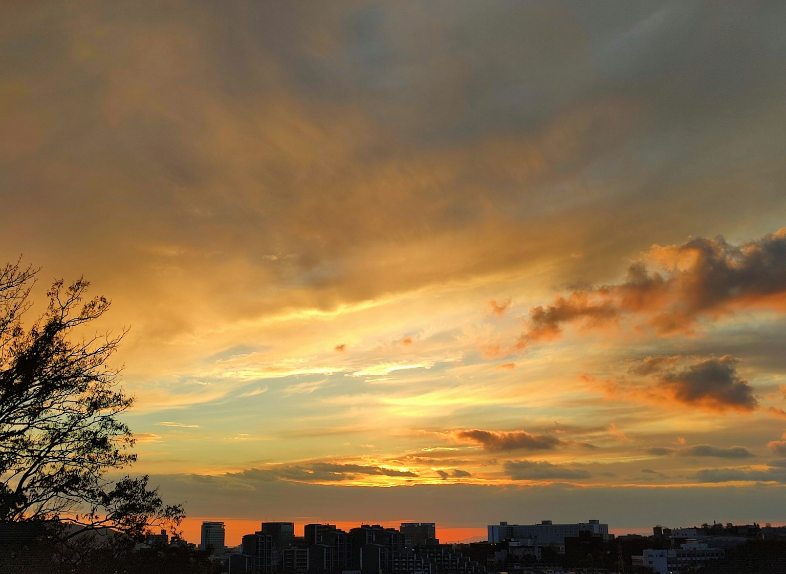 Hermoso cielo al atardecer con edificios en silueta