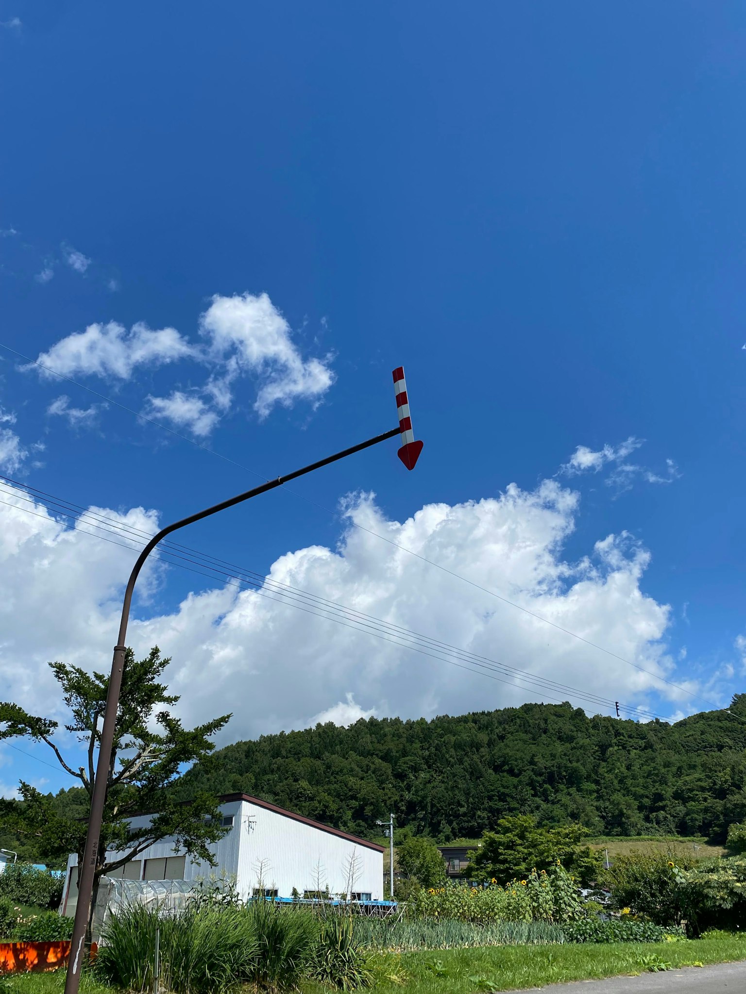Rotes und weißes Pfeilschild unter einem blauen Himmel mit grünen Hügeln