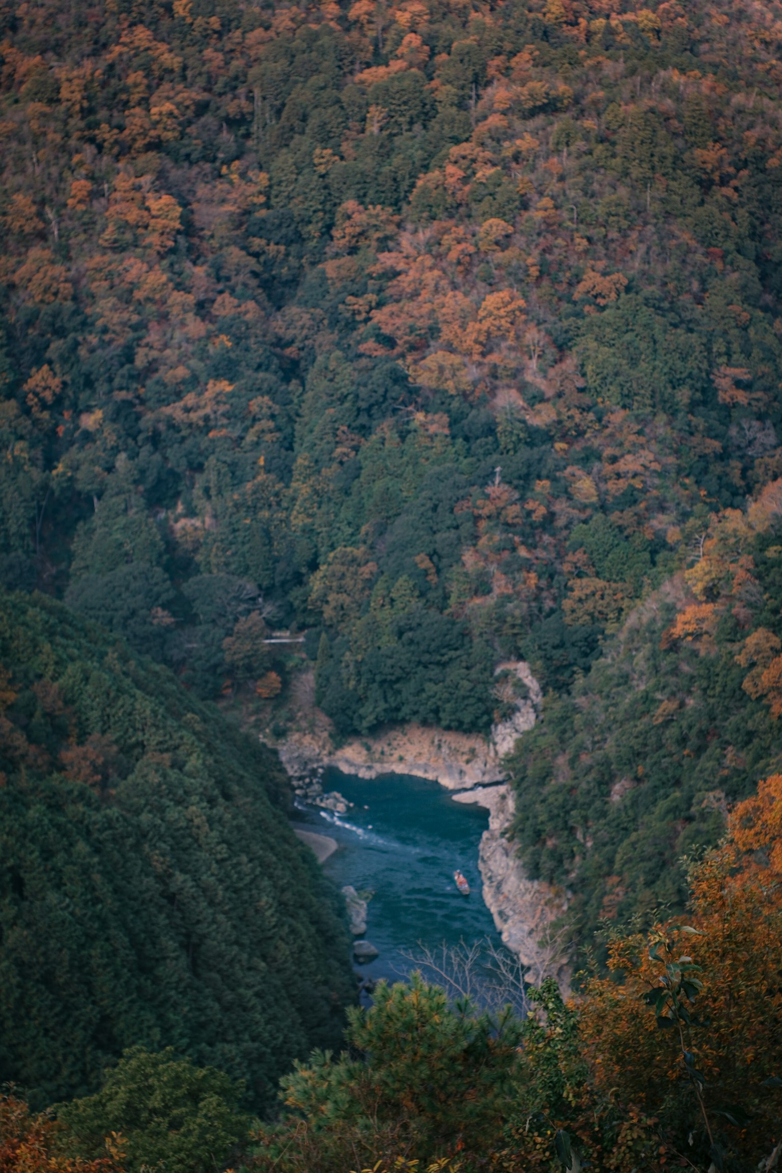 秋の色合いの山々に囲まれた青い川の美しい風景
