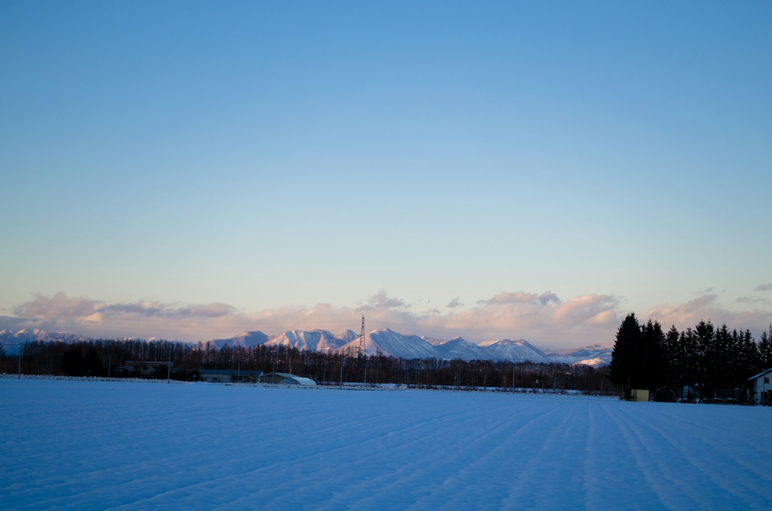Snow-covered field with distant mountains and a clear blue sky