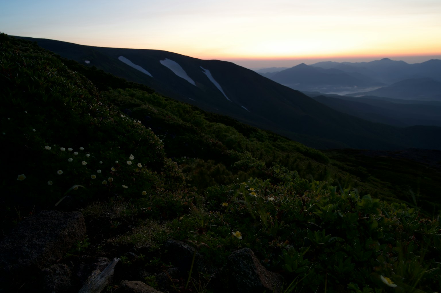 黃昏時的山景 綠色植被和遠處的山峰