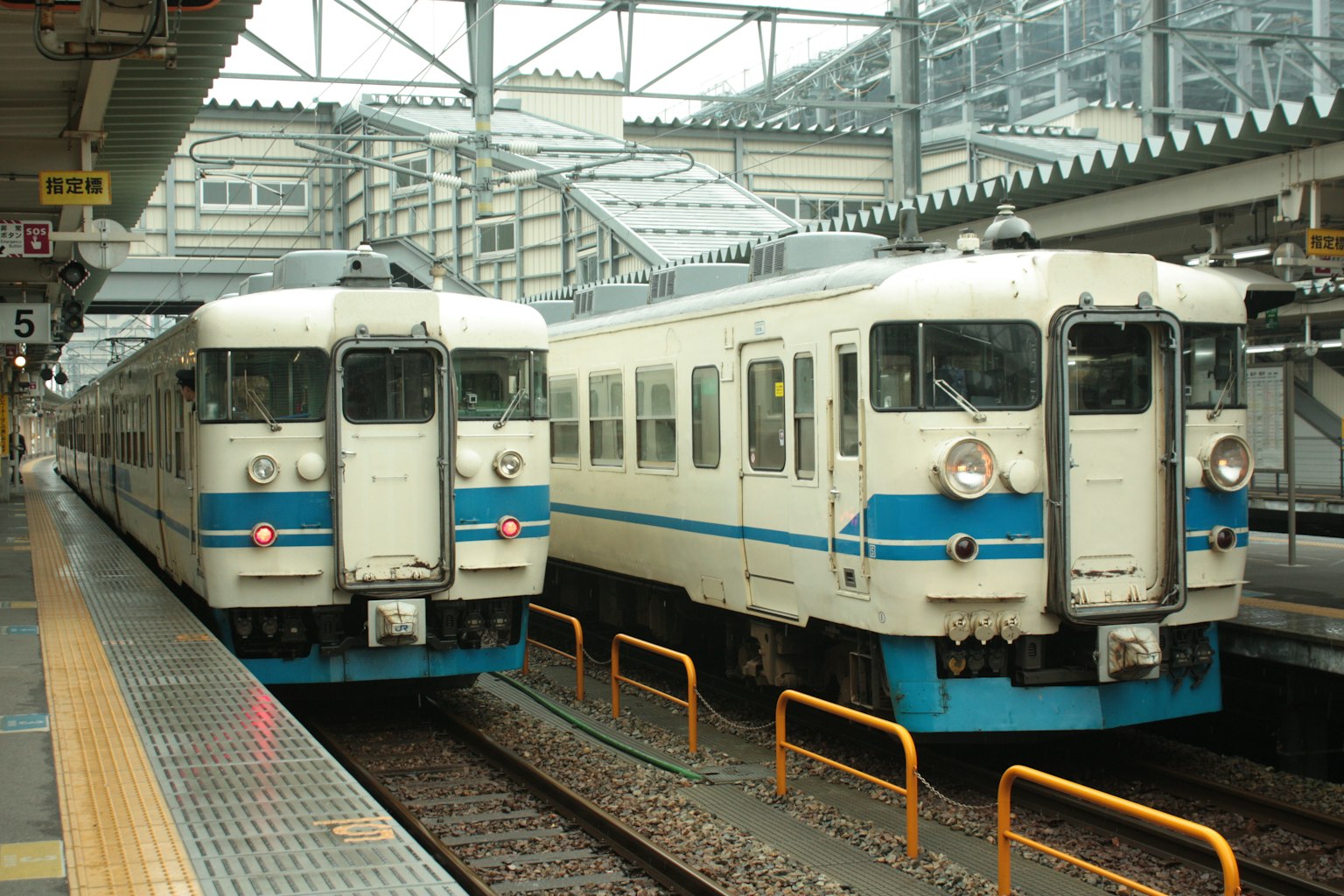兩列藍白相間的火車停在車站