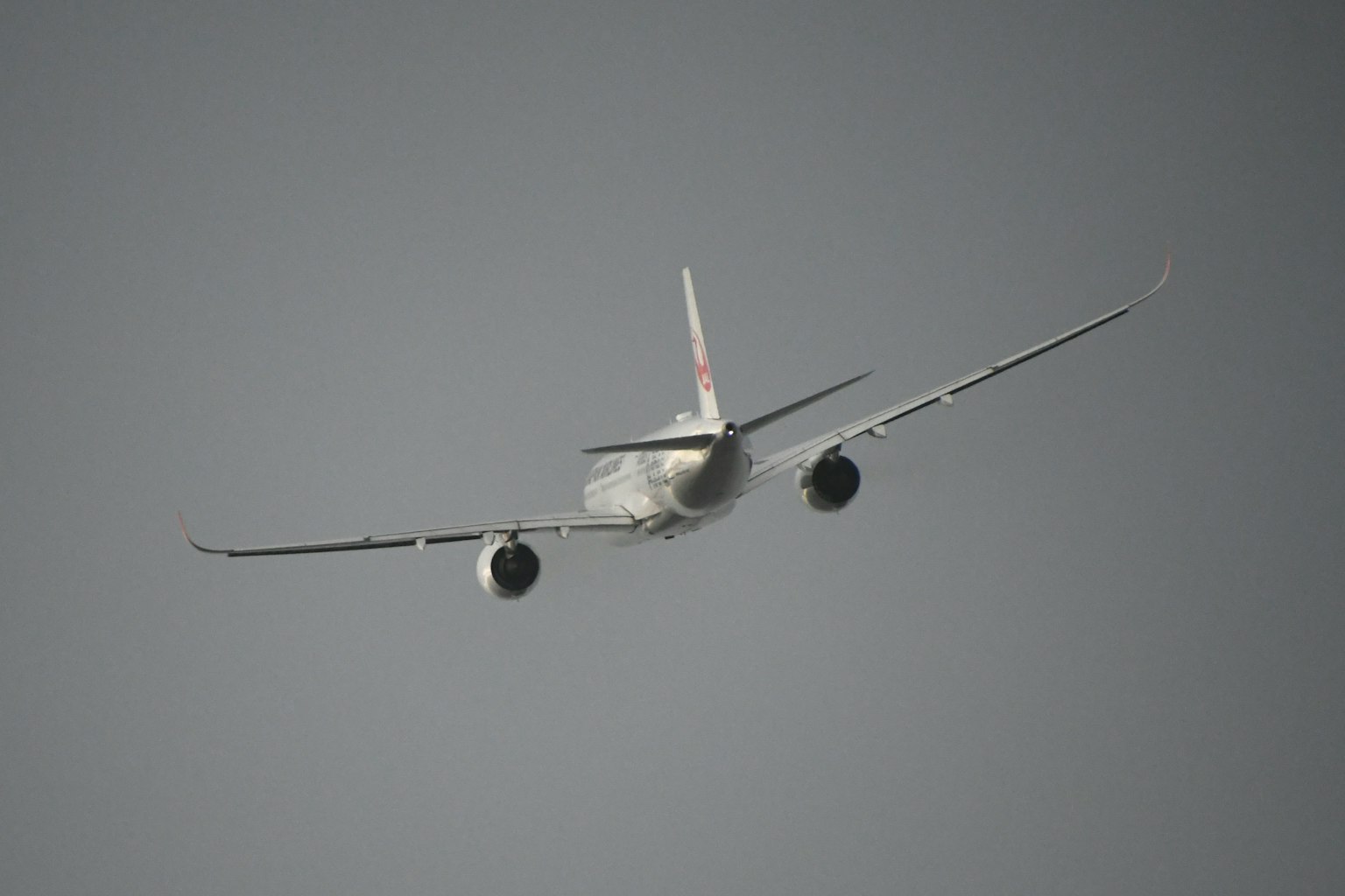 Pesawat terbang di langit dengan tampilan belakang menunjukkan sirip ekor