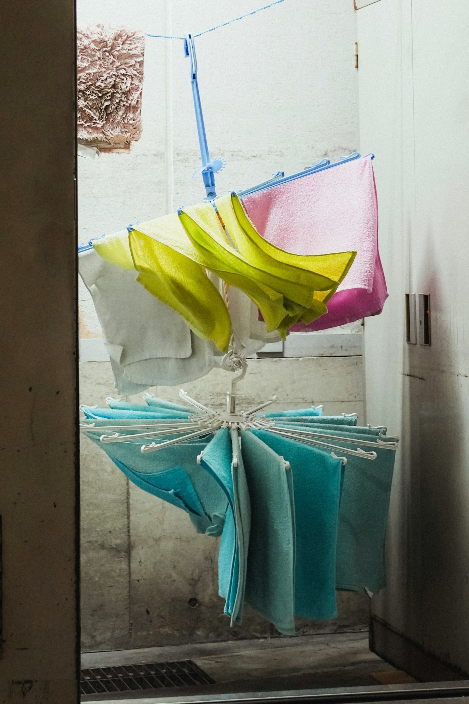 Colorful umbrellas hanging for drying