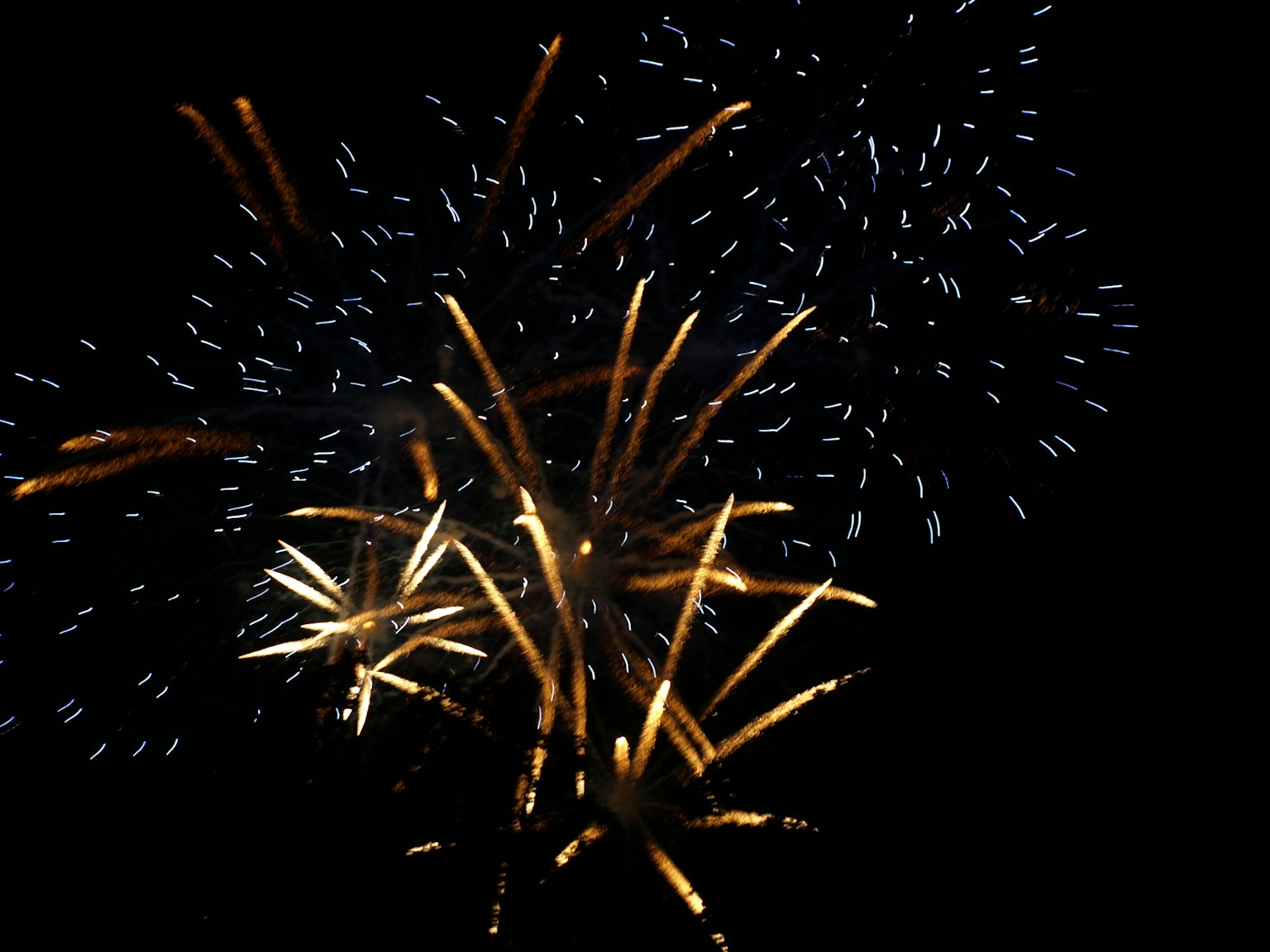 Bunte Feuerwerke, die am Nachthimmel explodieren, mit Lichtspuren