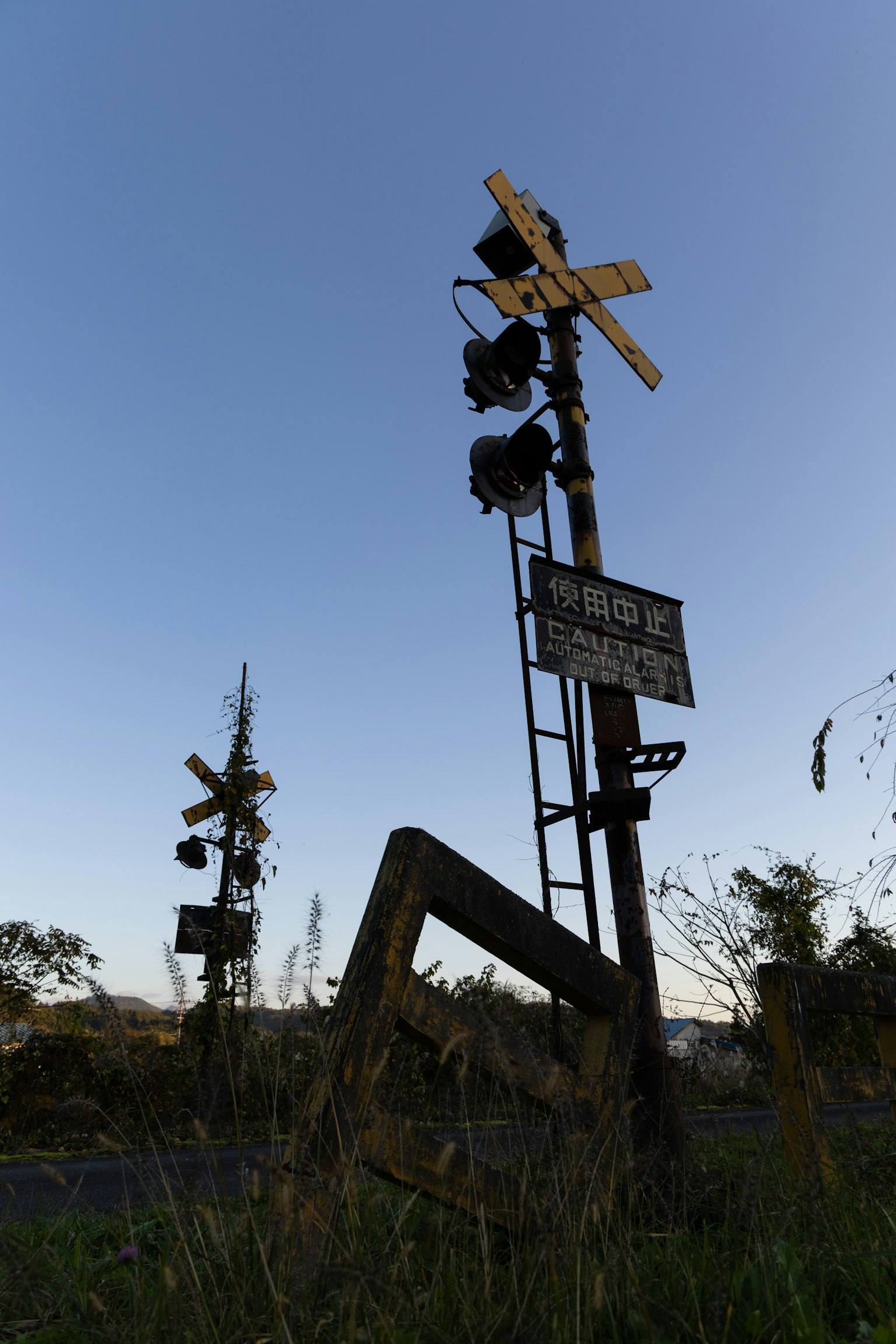Segnali di attraversamento ferroviario inclinati e cartelli di avvertimento in un'area erbosa