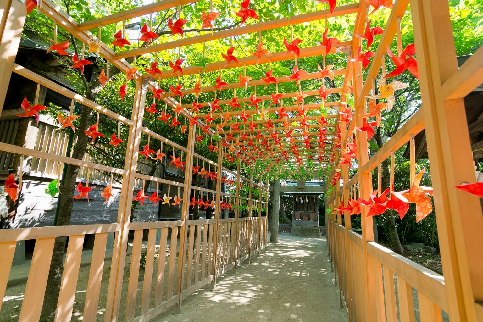 Chemin en bois avec des décorations rouges suspendues au-dessus