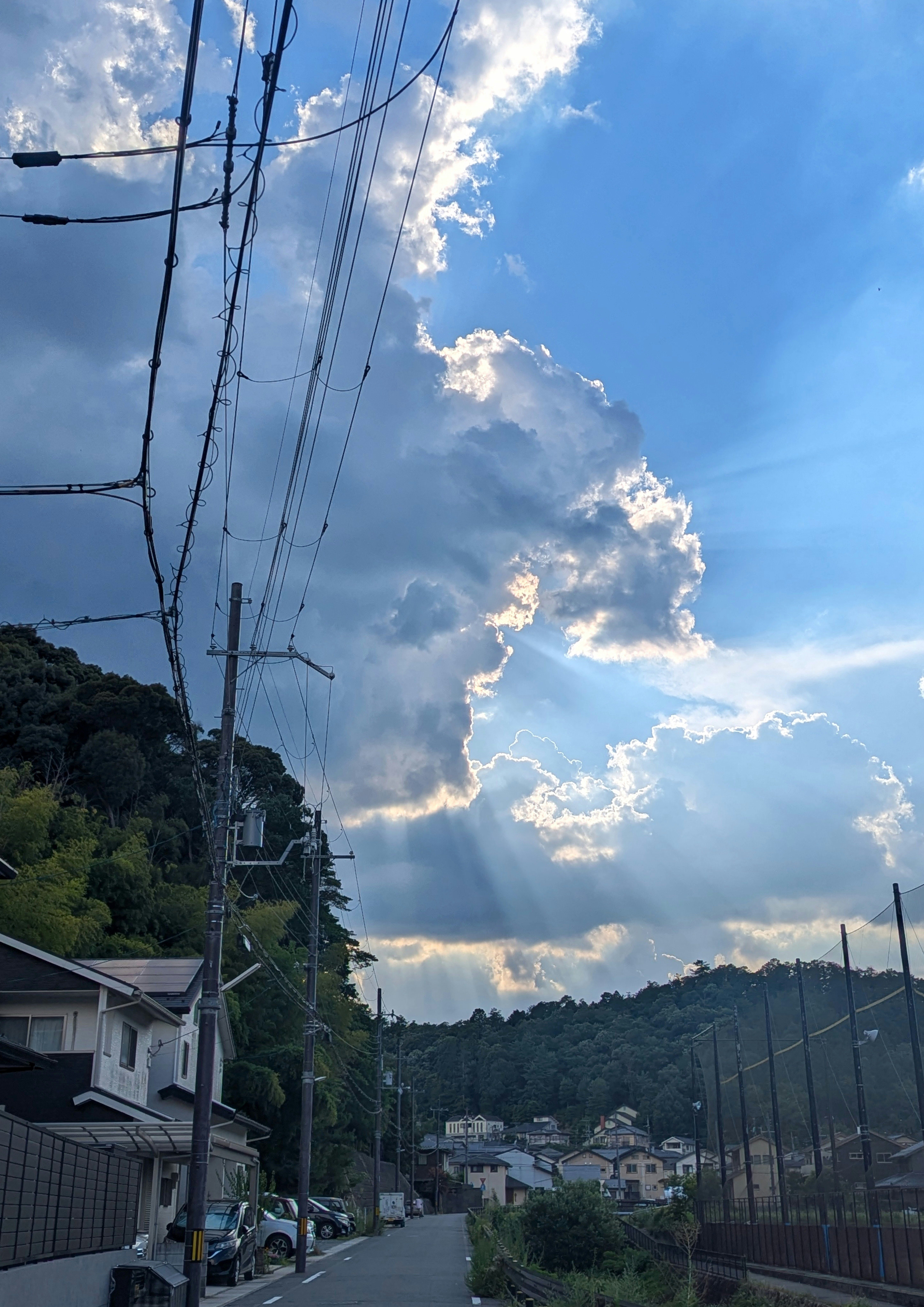 青空に雲が広がる郊外の住宅街の電線