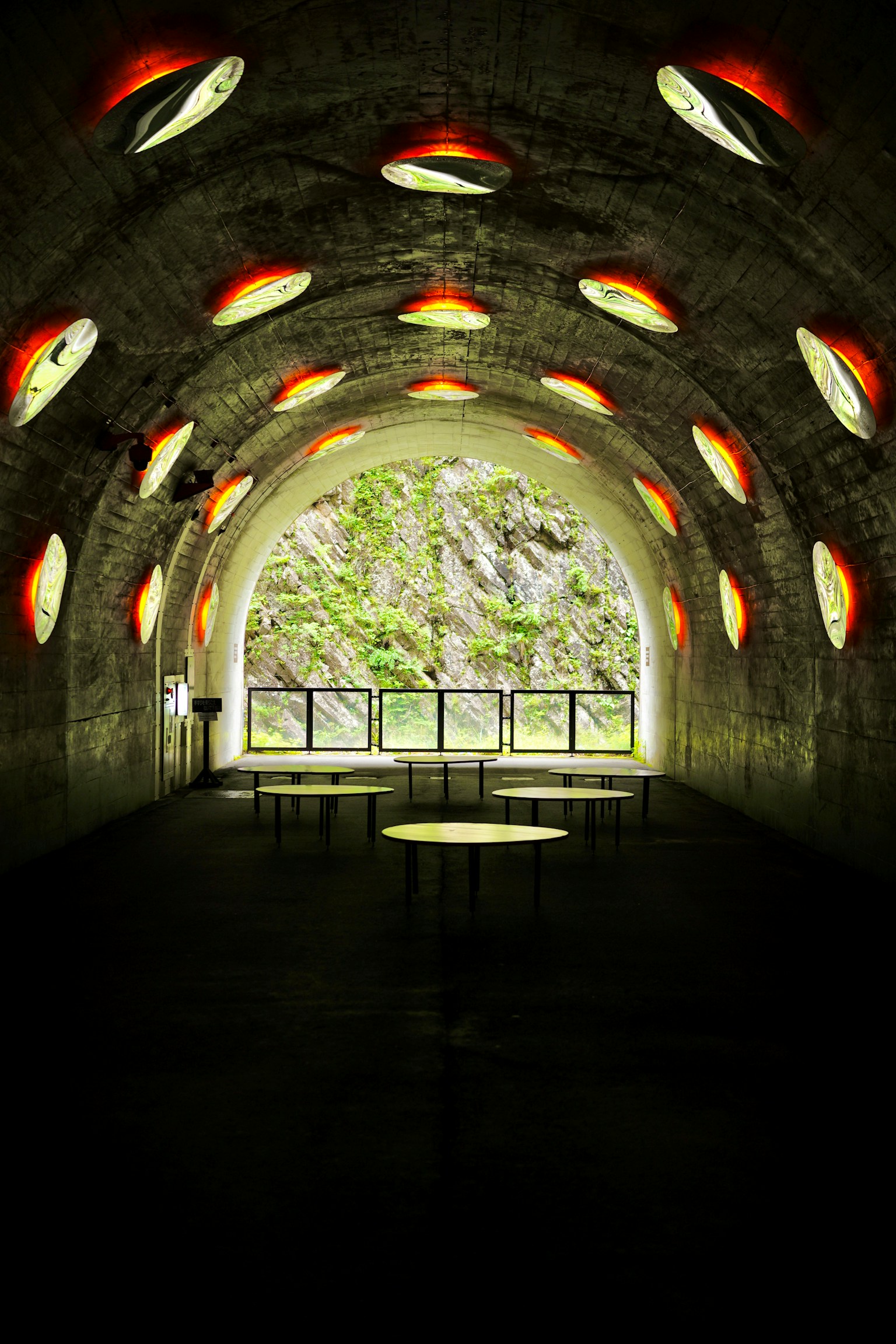 Unique tunnel interior with illuminated windows allowing natural light to enter