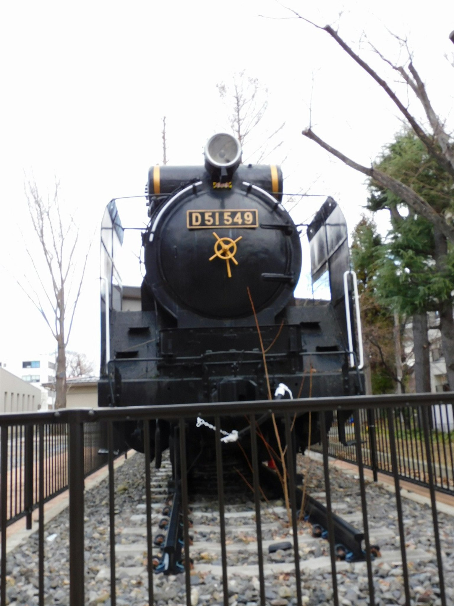 黑色蒸汽機車D51441展示前有圍籬和背景中的樹木
