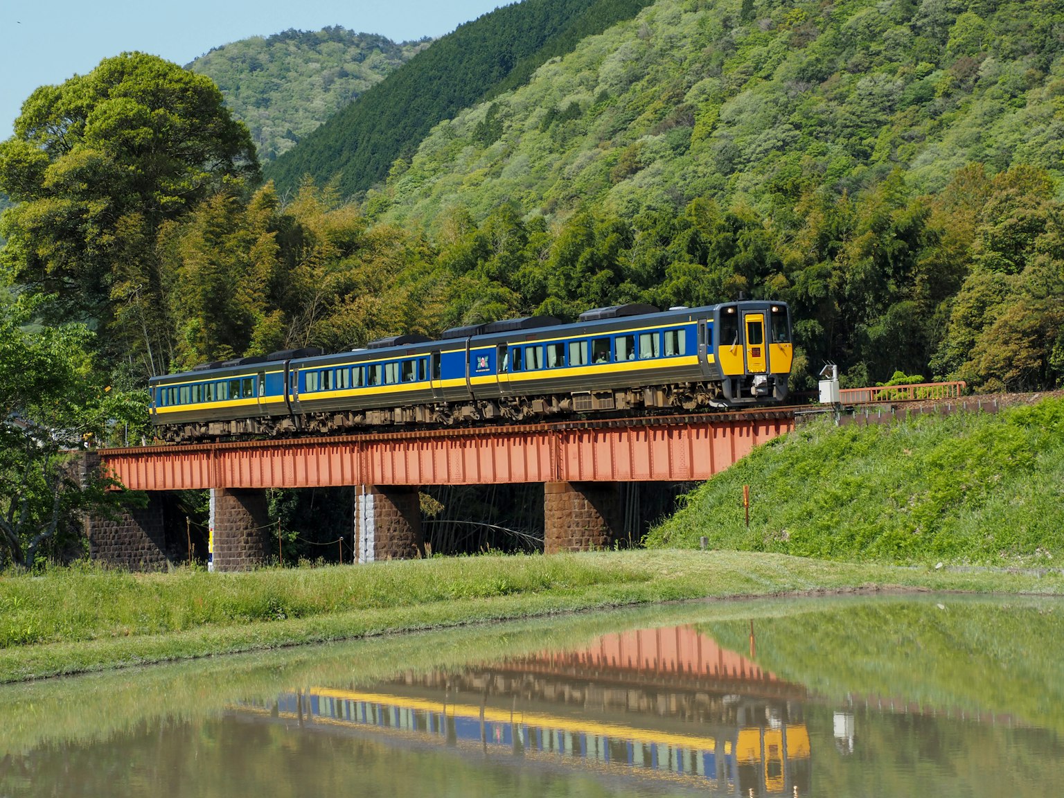รถไฟสีน้ำเงินและสีเหลืองข้ามสะพานสีแดงโดยมีภูเขาสีเขียวสดใสอยู่เบื้องหลัง