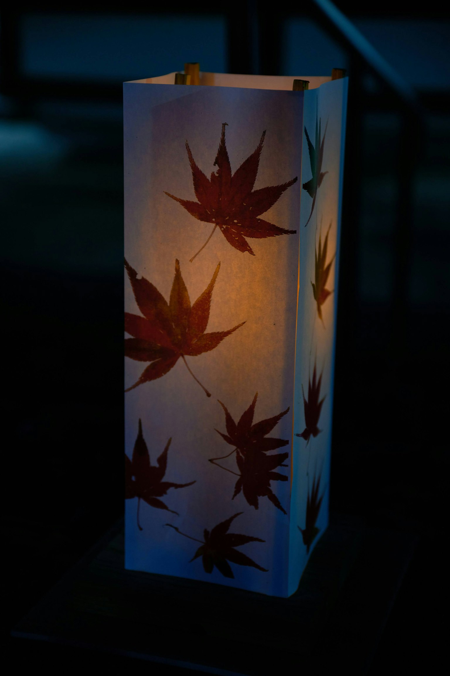 一盞帶有楓葉圖案的日本風格燈籠散發出溫暖的光芒
