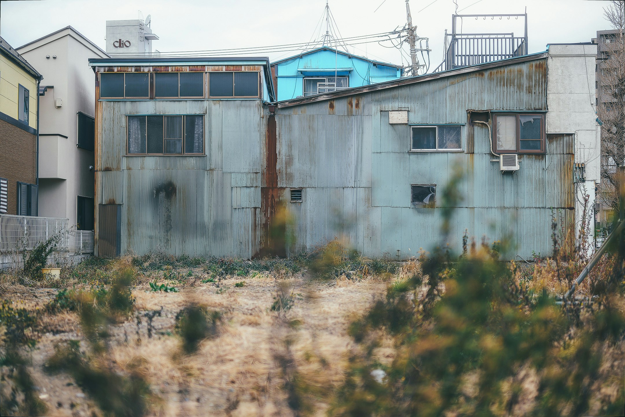 草むらの手前にある錆びた金属フェンスと建物の裏側
