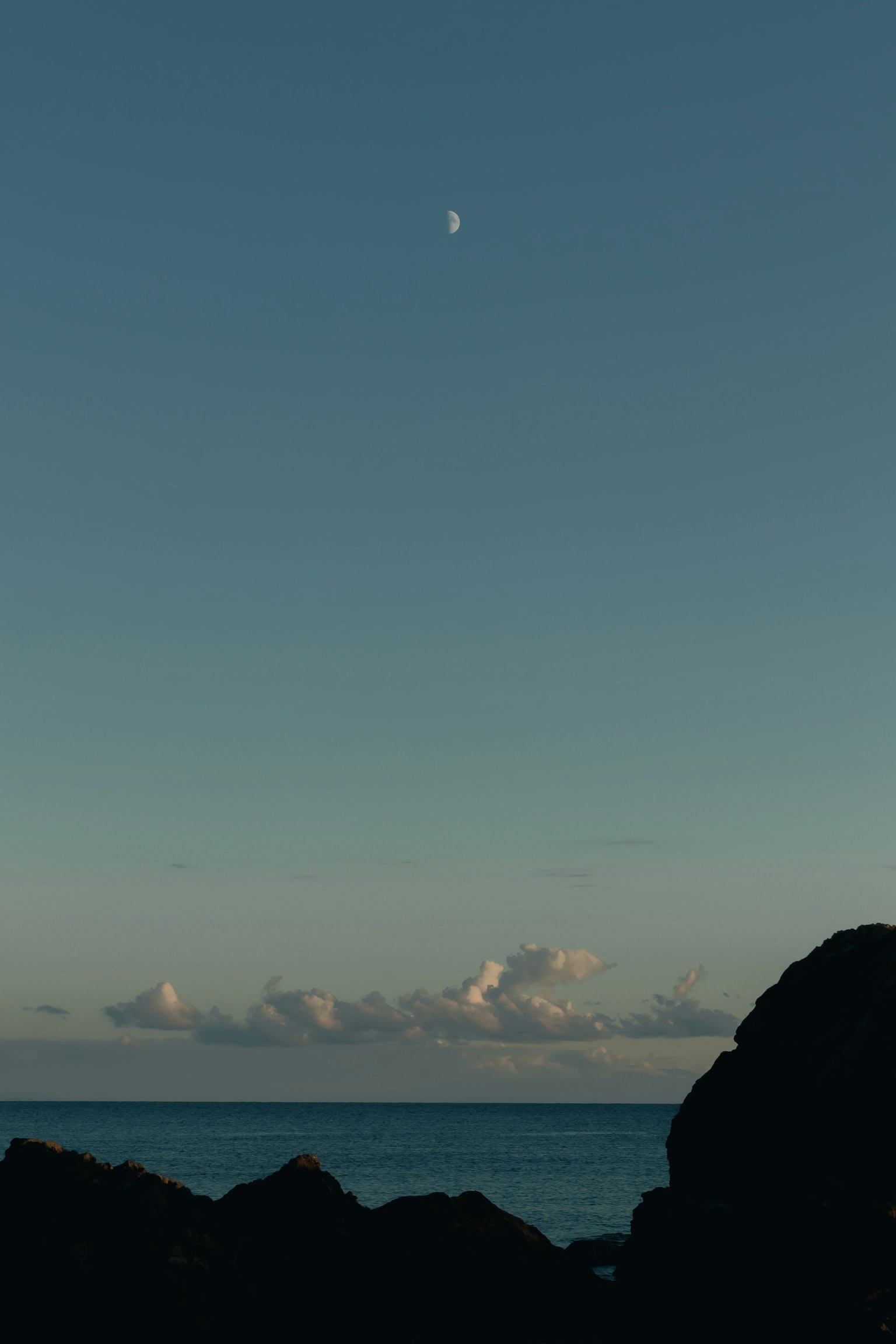 宁静的海洋场景，天空中有一弯新月和柔和的云朵