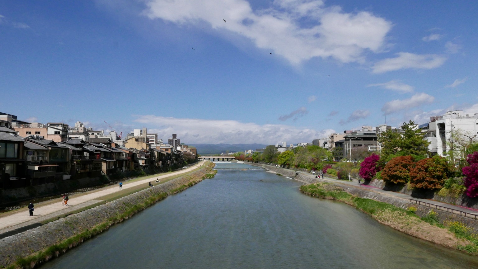 Malersicher Blick auf einen ruhigen Fluss, gesäumt von blühenden Blumen und traditionellen Gebäuden