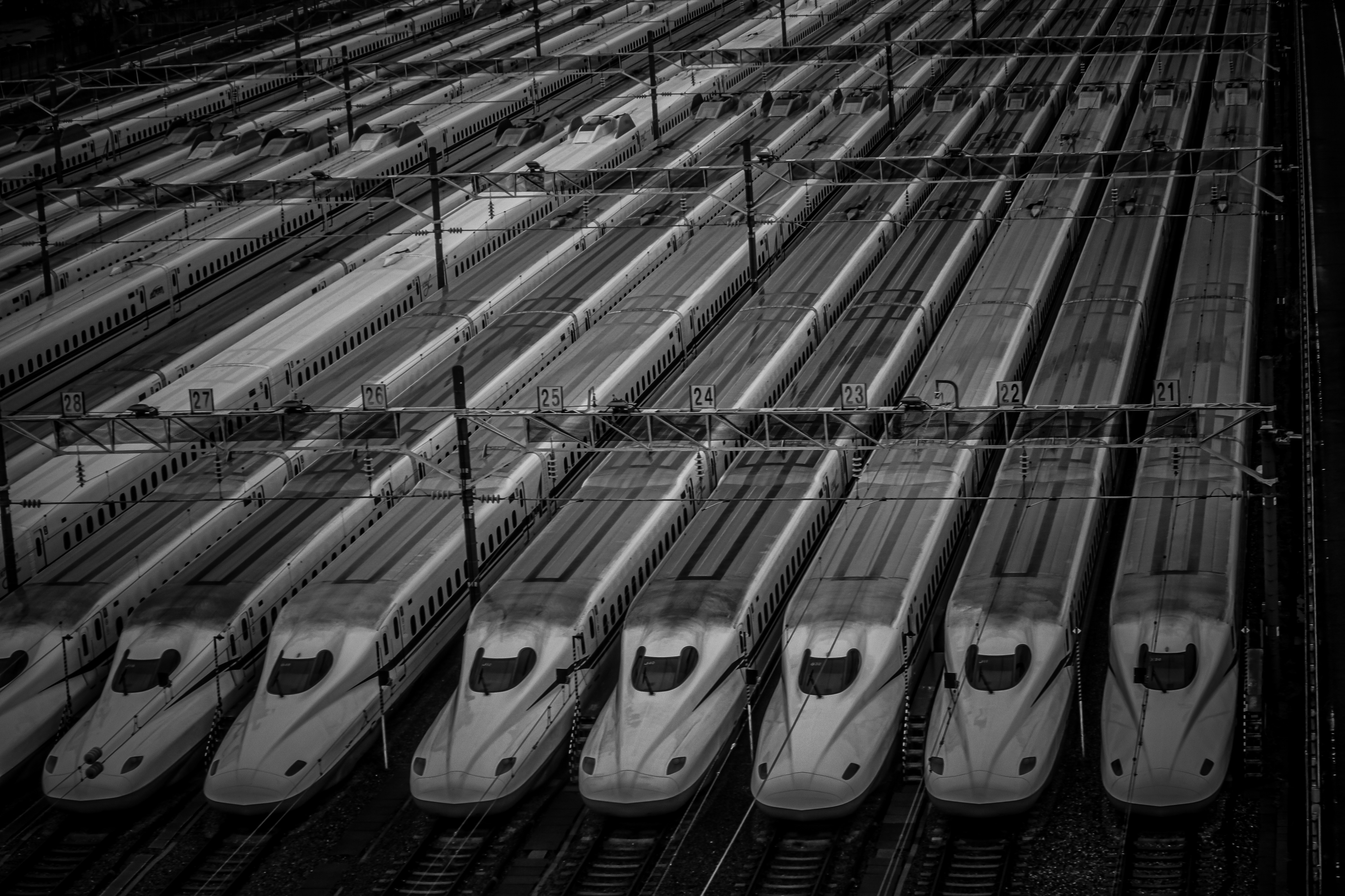 Shinkansen trains lined up at Torikai Vehicle Base in Settsu, Osaka Prefecture