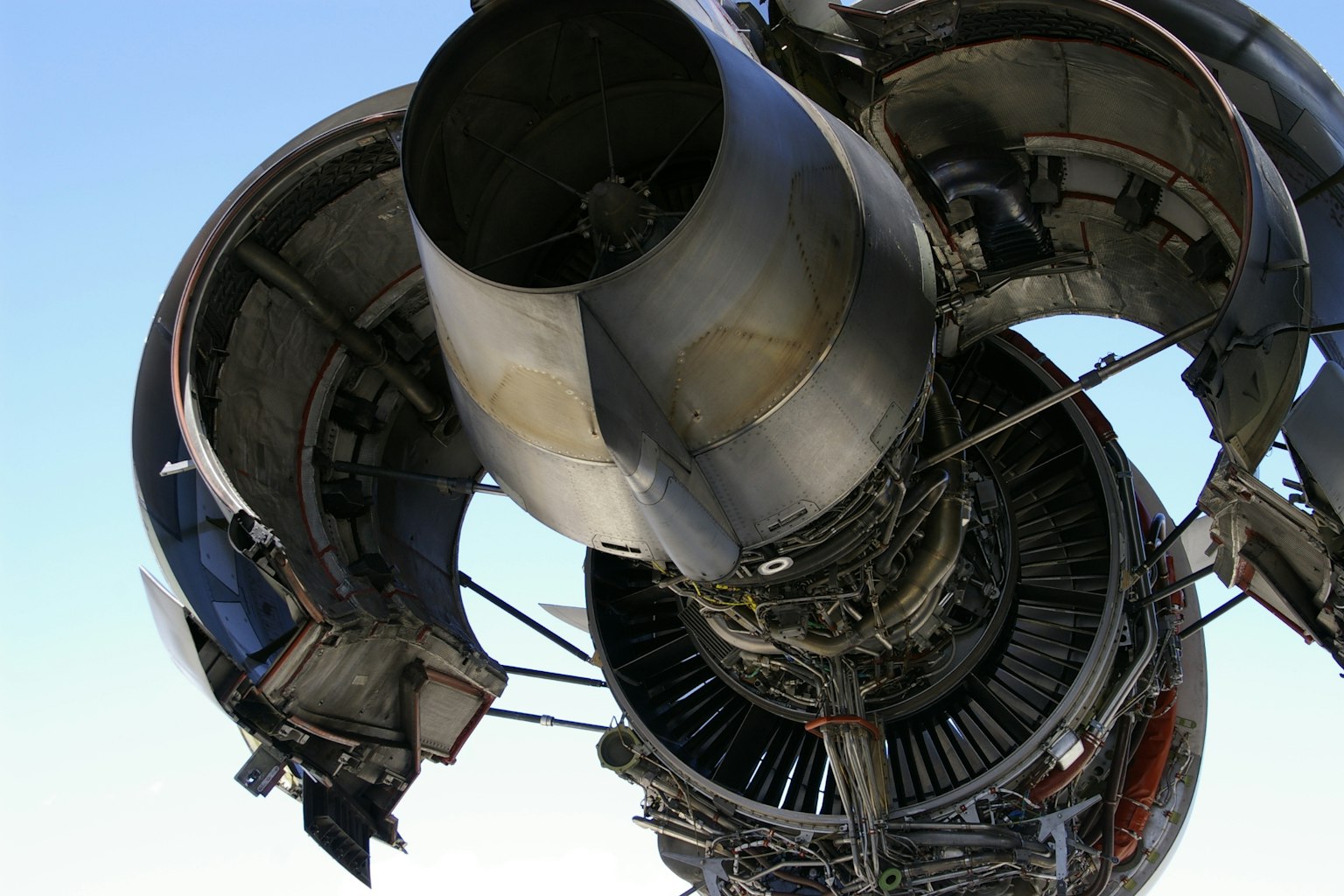 Close-up of an aircraft engine showcasing its internal components