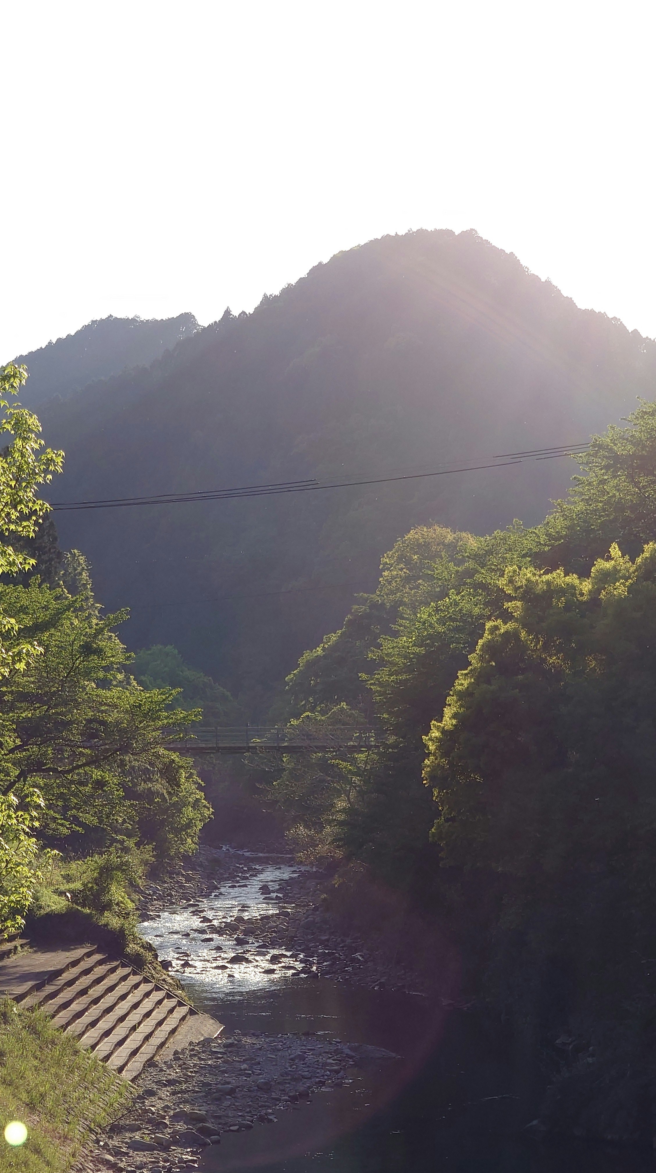 ทิวทัศน์ภูเขาและป่าเขียวริมแม่น้ำพร้อมสะพานแขวน