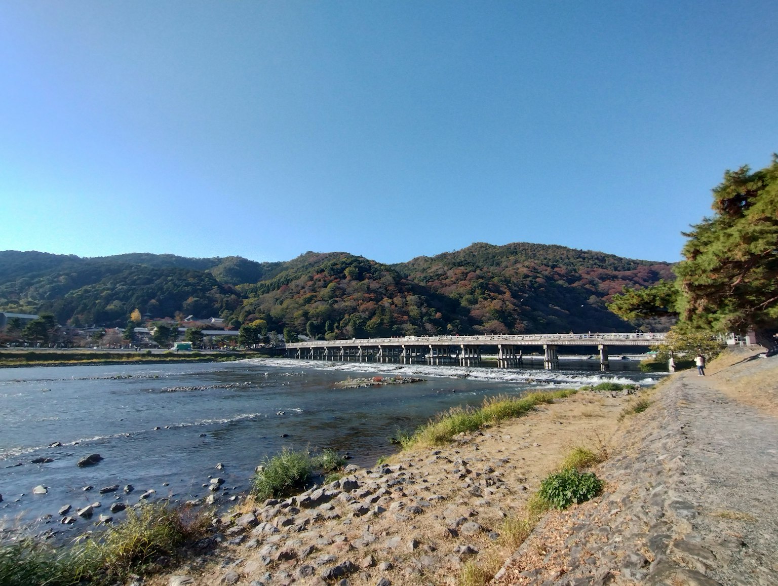 Vue pittoresque d'un pont sur une rivière calme entourée de montagnes