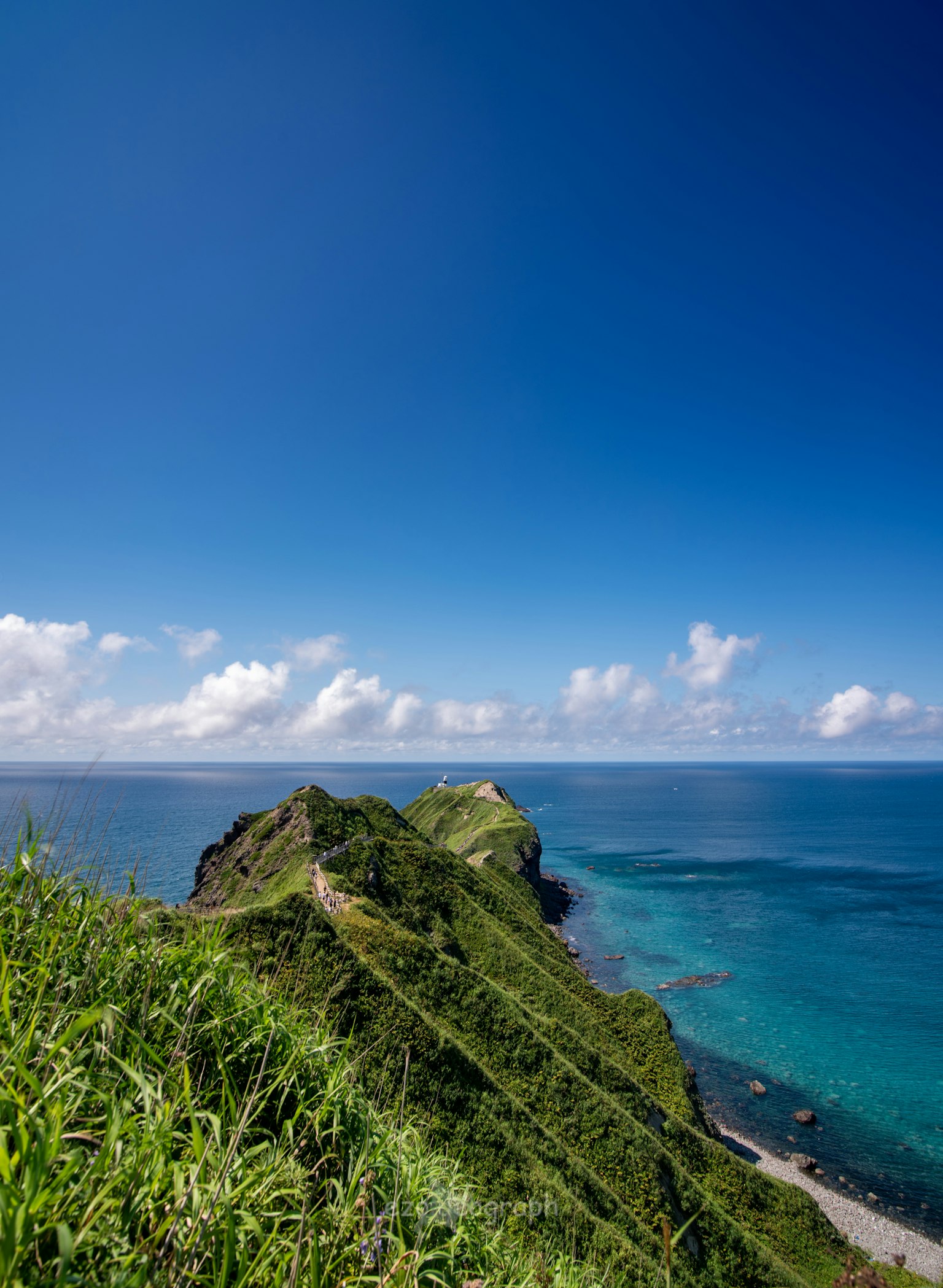 美丽的蓝色海洋和天空的风景，绿色山丘延伸向海洋