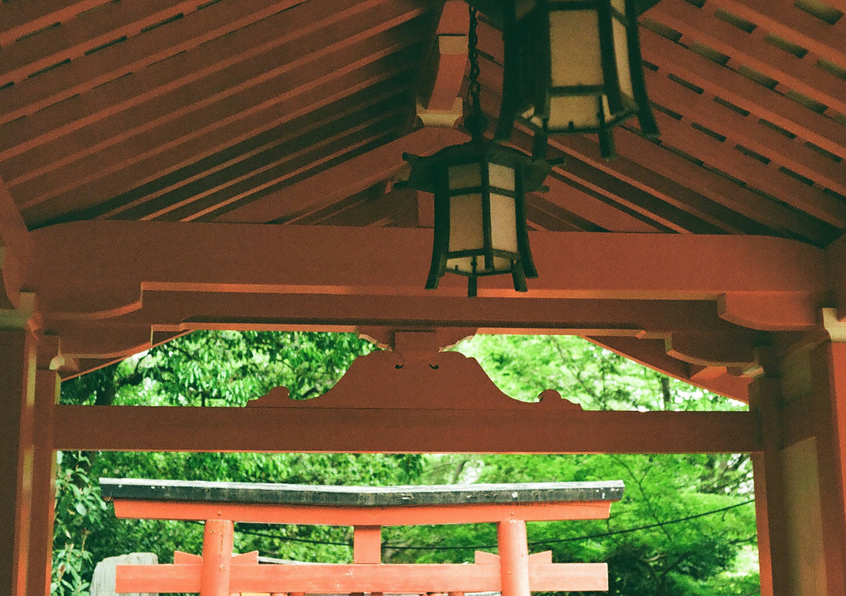 朱色の鳥居と木の屋根のある神社の参道