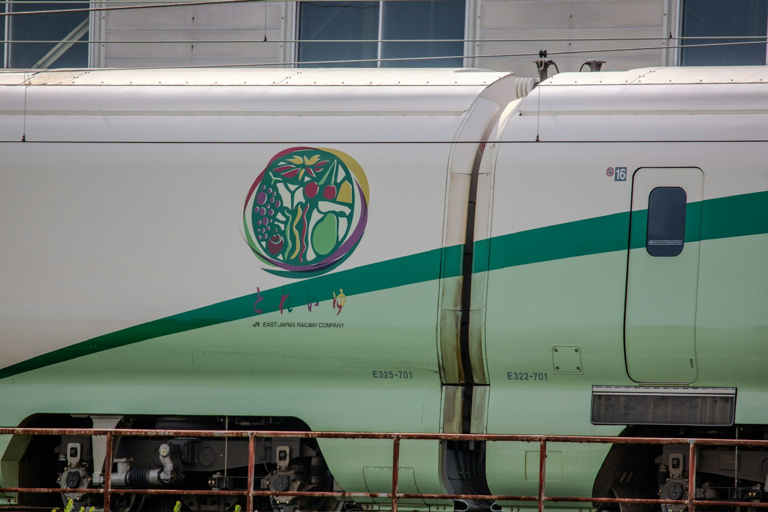 Seitenansicht eines Zuges mit einem bunten Logo und grünem Design