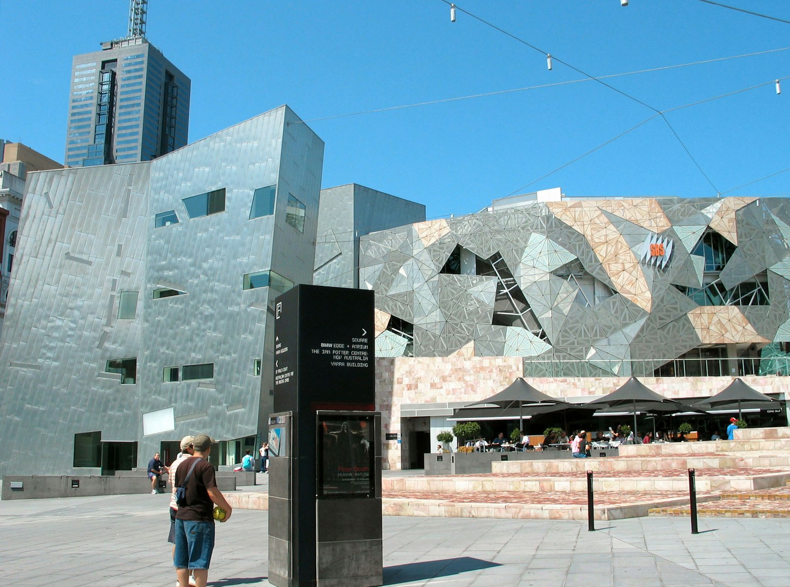 Modern architecture at Federation Square in Melbourne with people