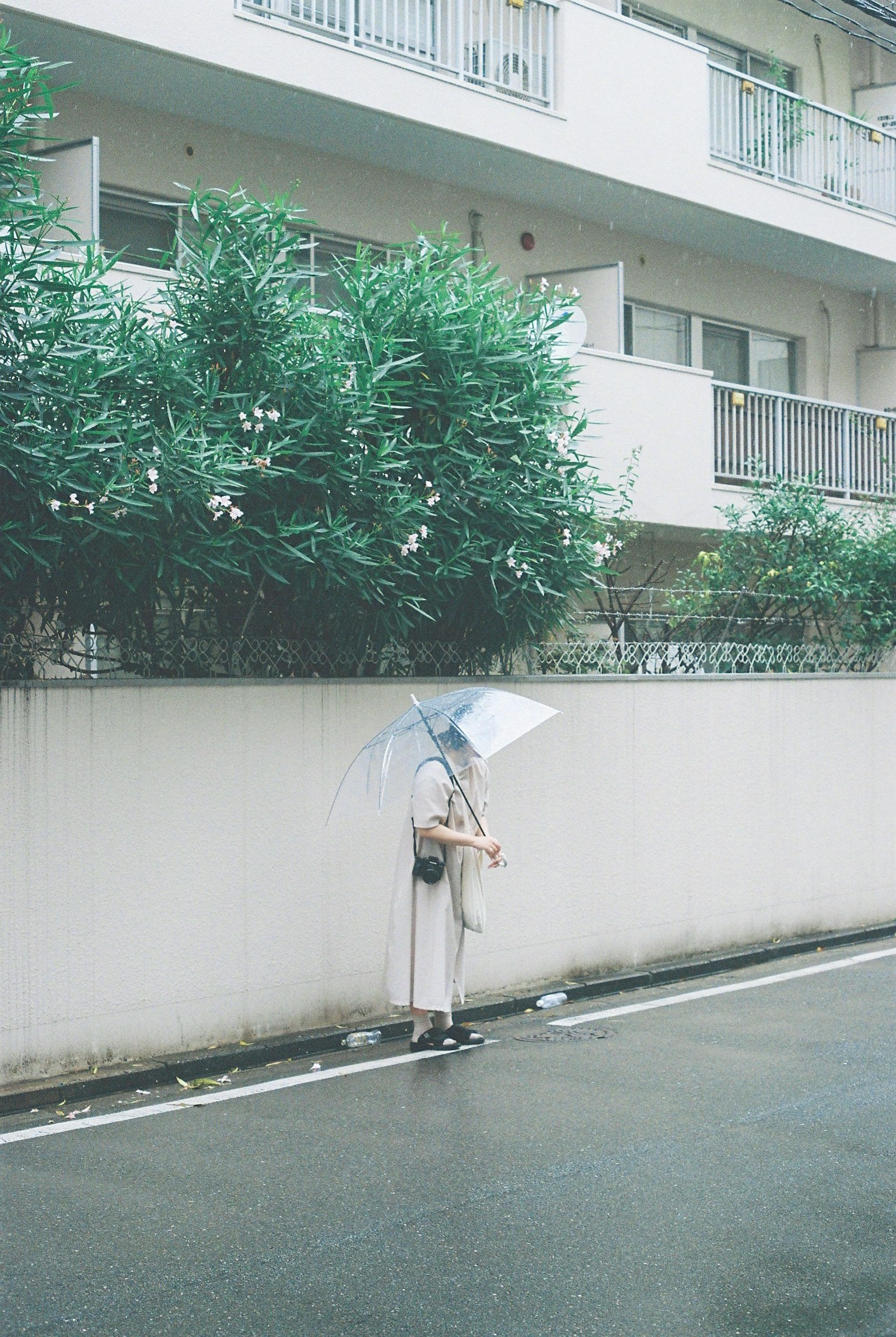 一位女性在雨中拿着伞，靠近一栋住宅