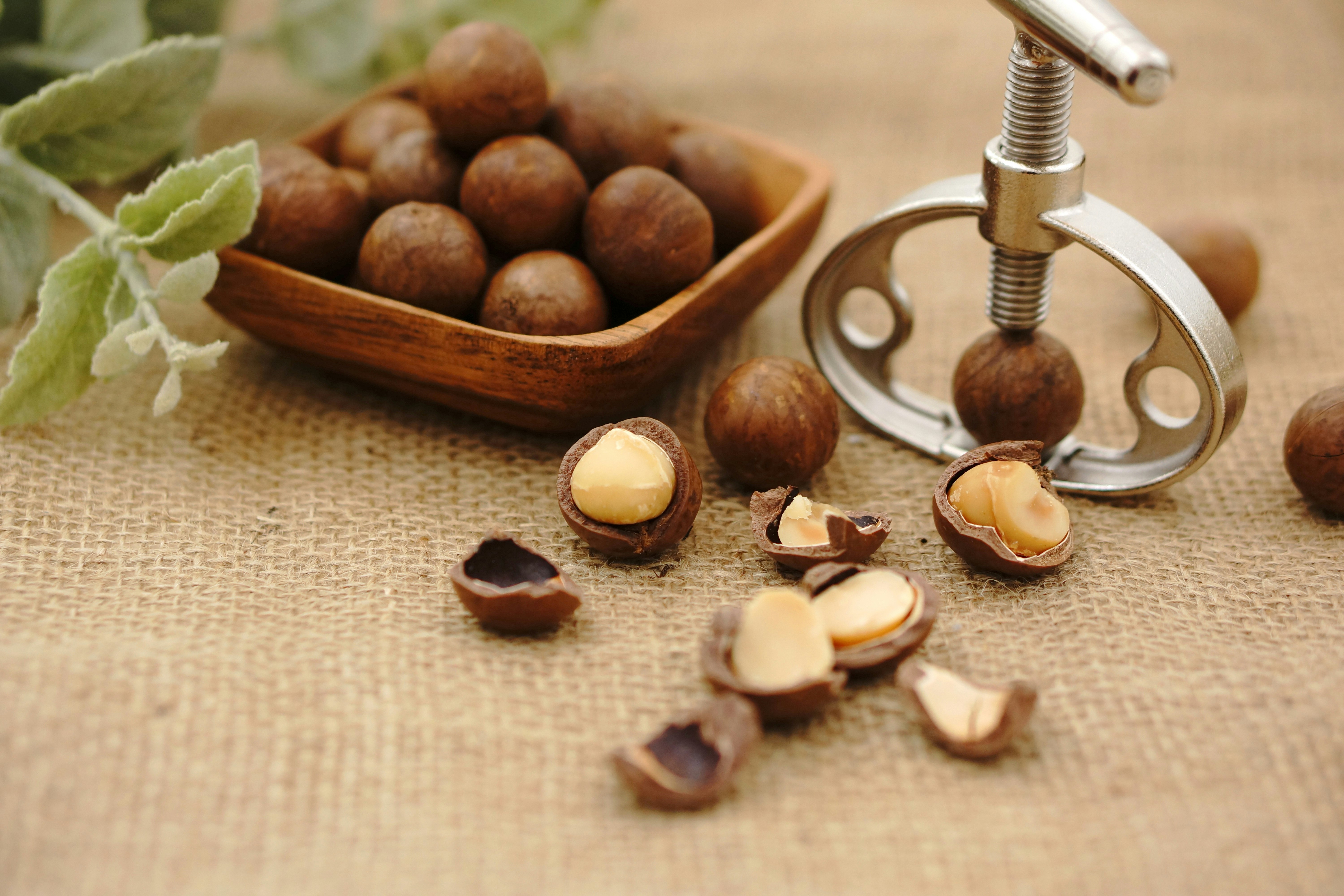 hazelnuts in a wooden bowl with a nutcracker