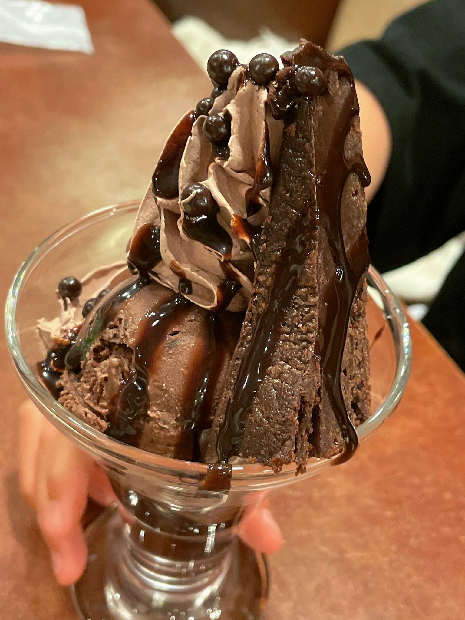 Parfait de glace au chocolat garni de sauce au chocolat et de vermicelles
