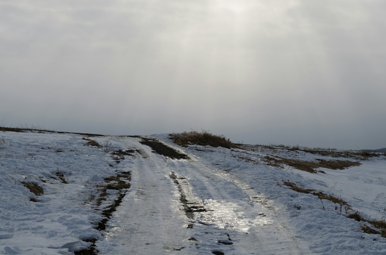 Snow-covered path with beams of light shining through the sky
