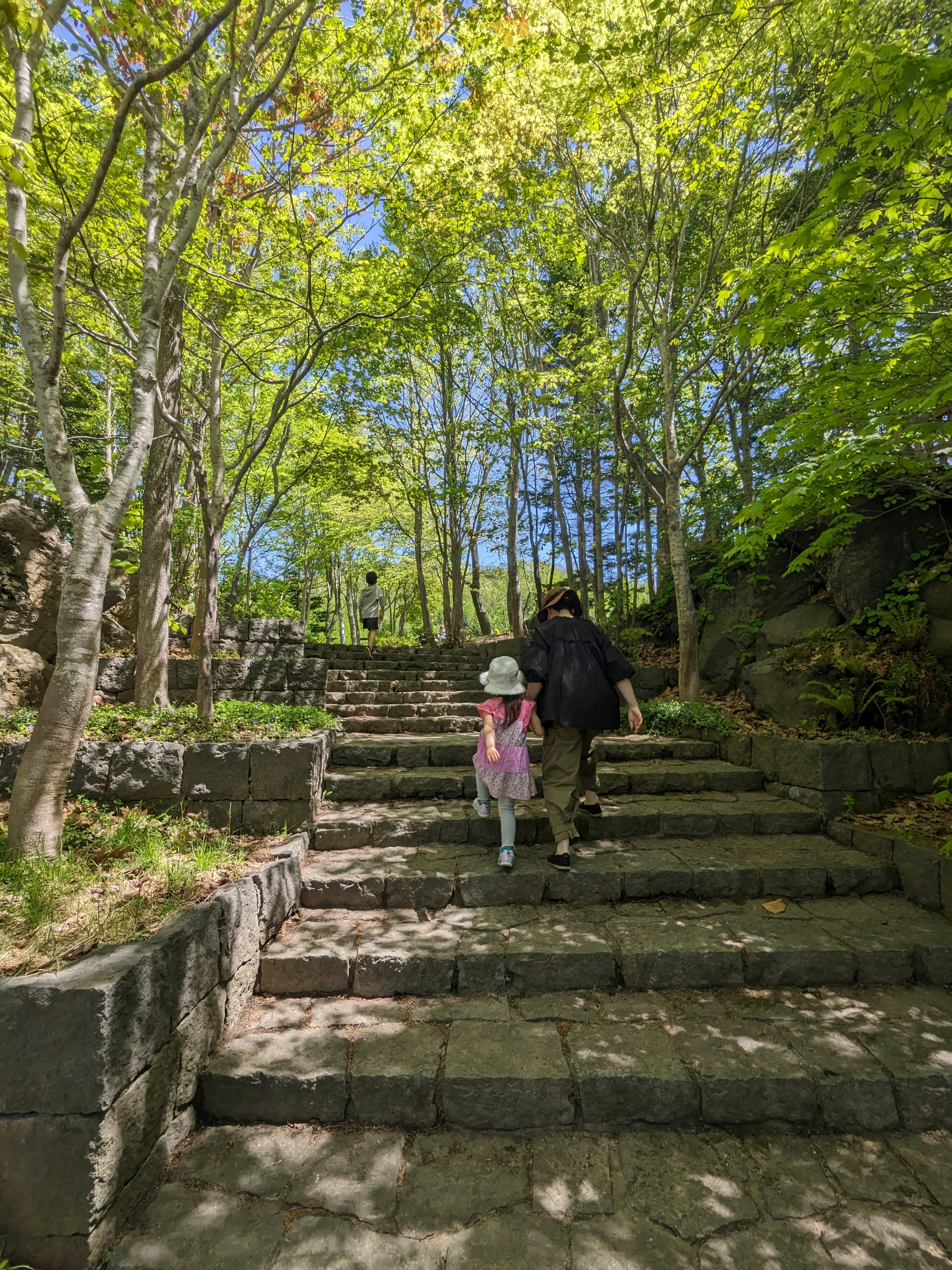 緑の木々に囲まれた石段の小道を歩く親子
