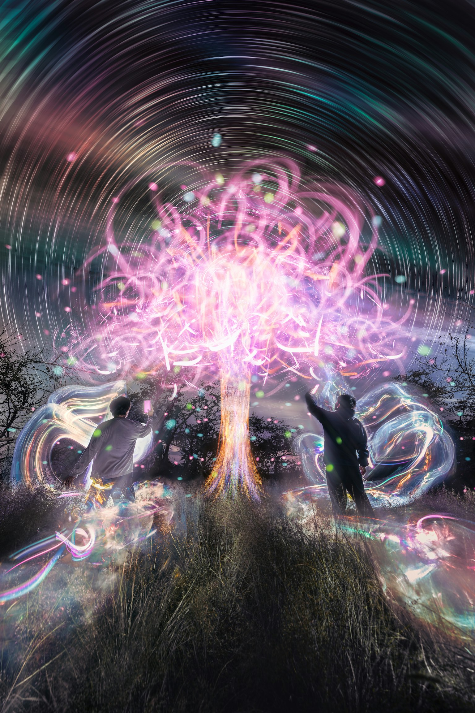 Rappresentazione artistica di un albero luminoso circondato da figure in uno sfondo vorticoso