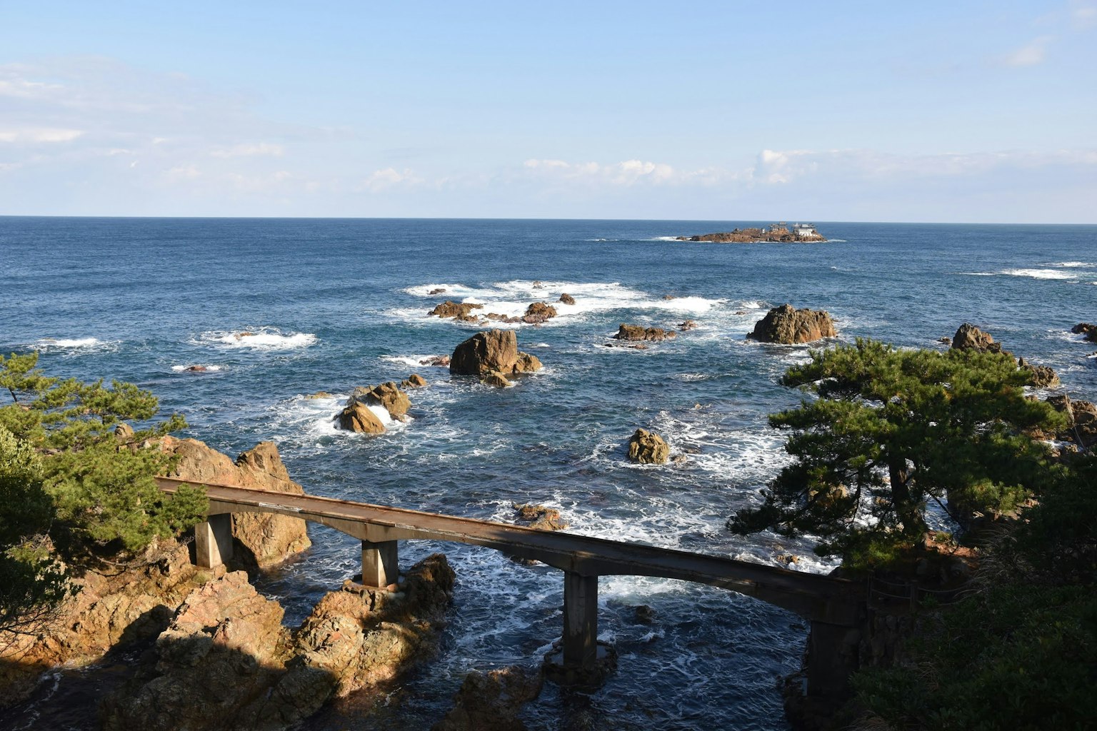 Ponte di legno che attraversa una costa rocciosa con oceano blu