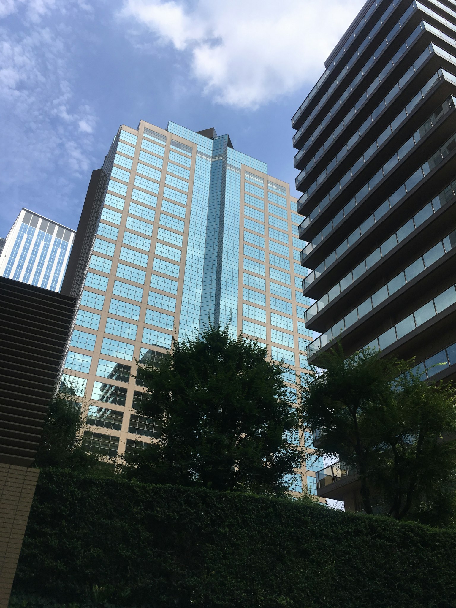 Modern skyscrapers with reflective glass and greenery