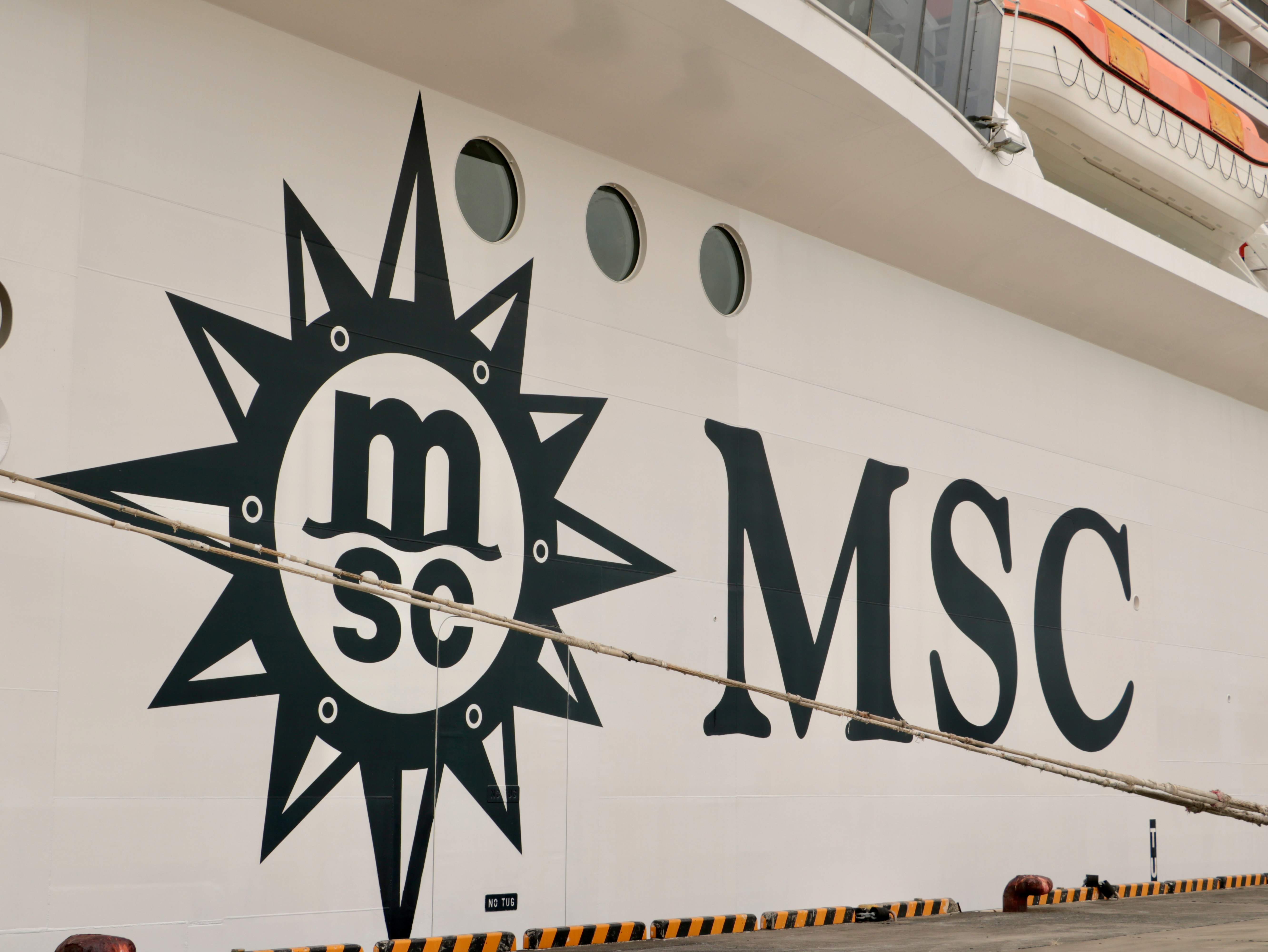白色船体上的MSC标志与太阳徽记外观