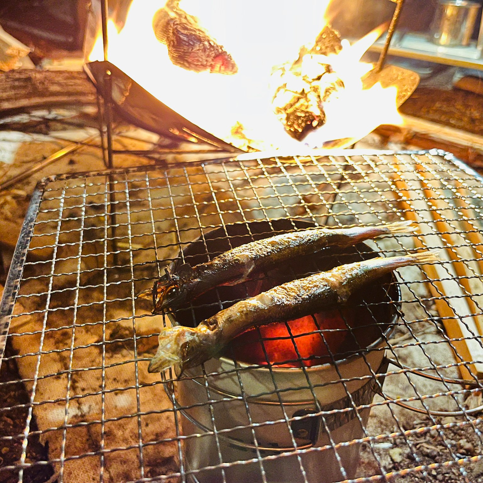 Gegrillte Fischspieße über offenem Feuer
