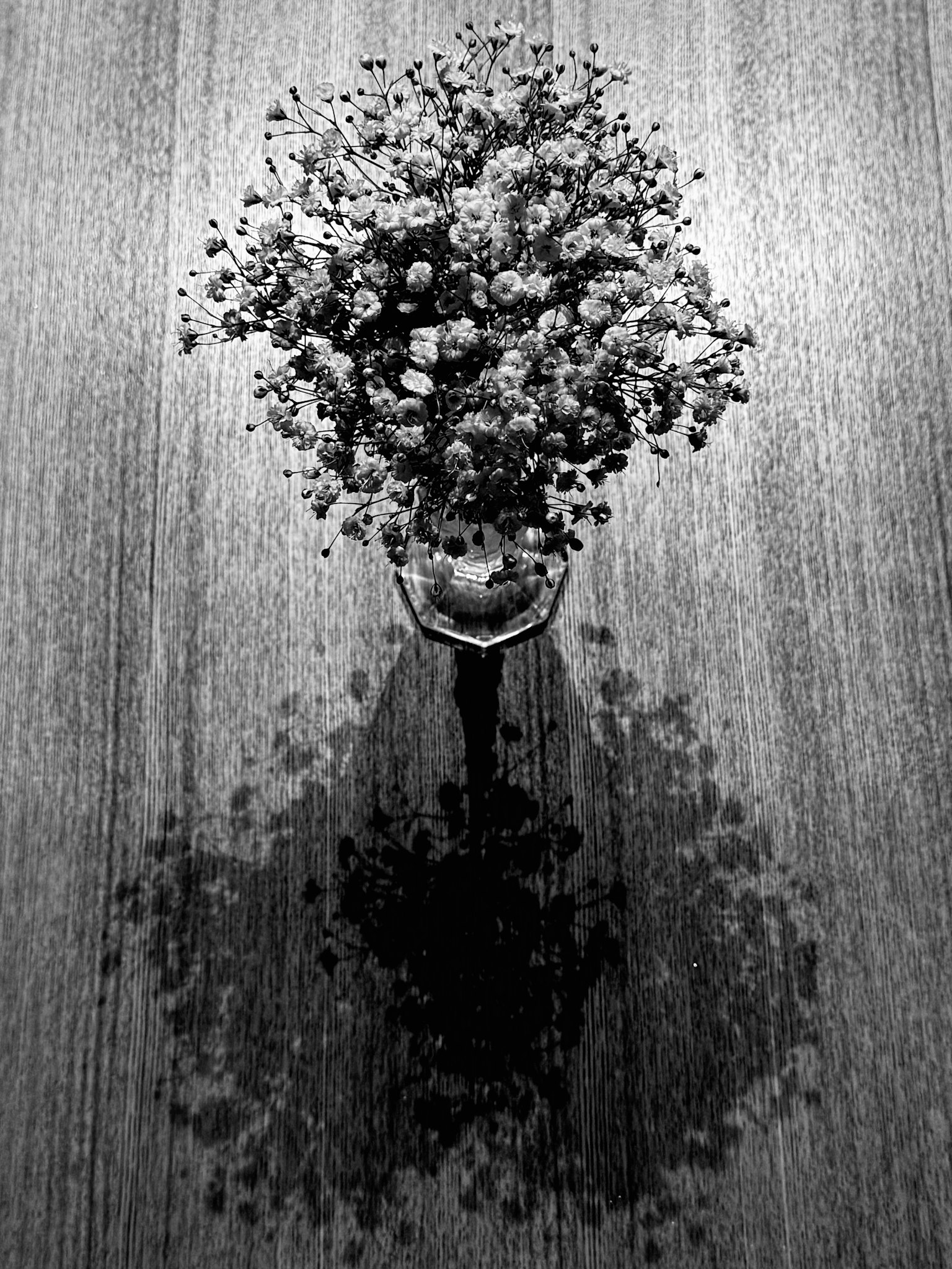 A black and white image of a small flower arrangement in a vase casting a shadow on a wooden table