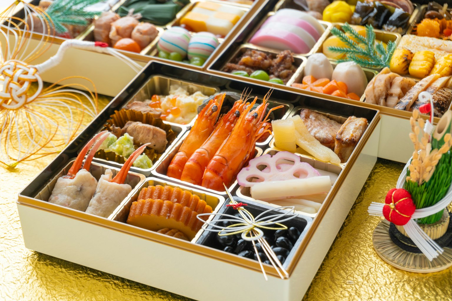 Cucina osechi splendidamente disposta in una scatola bento