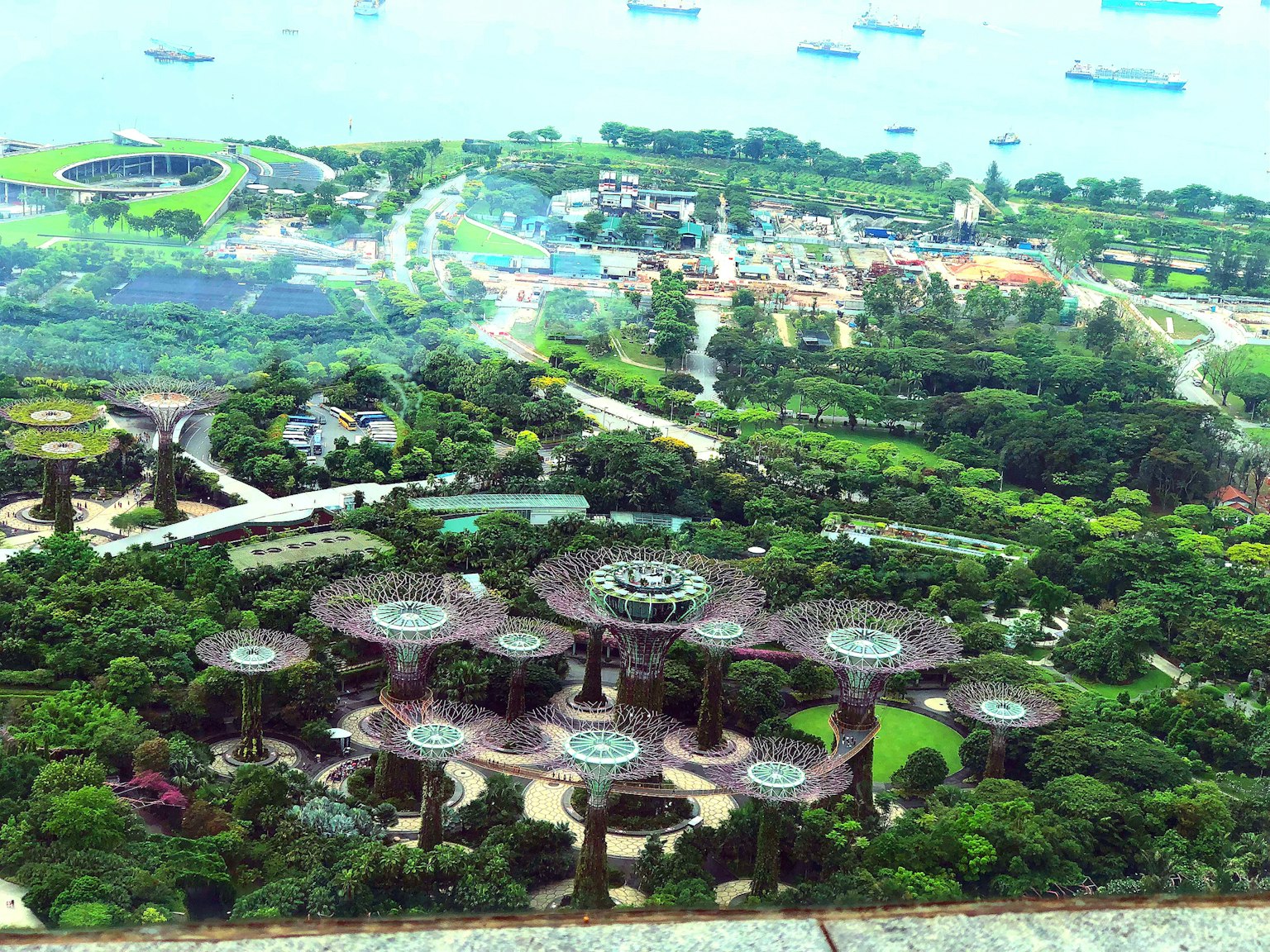 Luftaufnahme der Gardens by the Bay in Singapur mit üppigem Grün und einzigartigen Strukturen