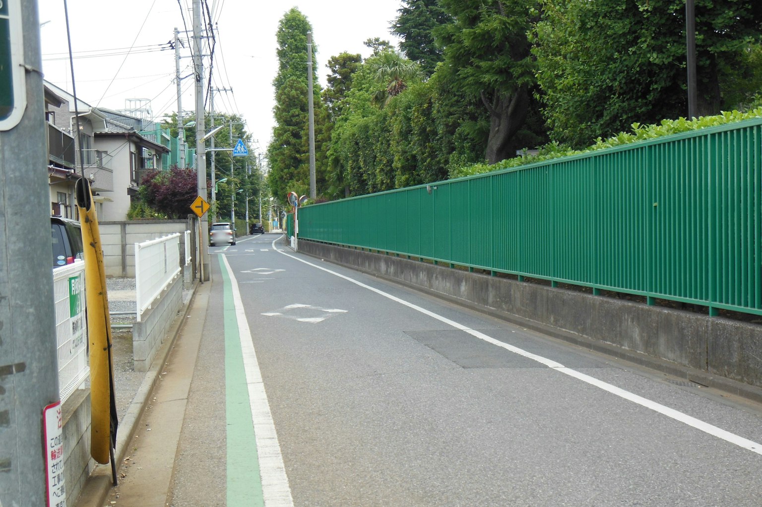 Escena de calle tranquila bordeada por una cerca verde