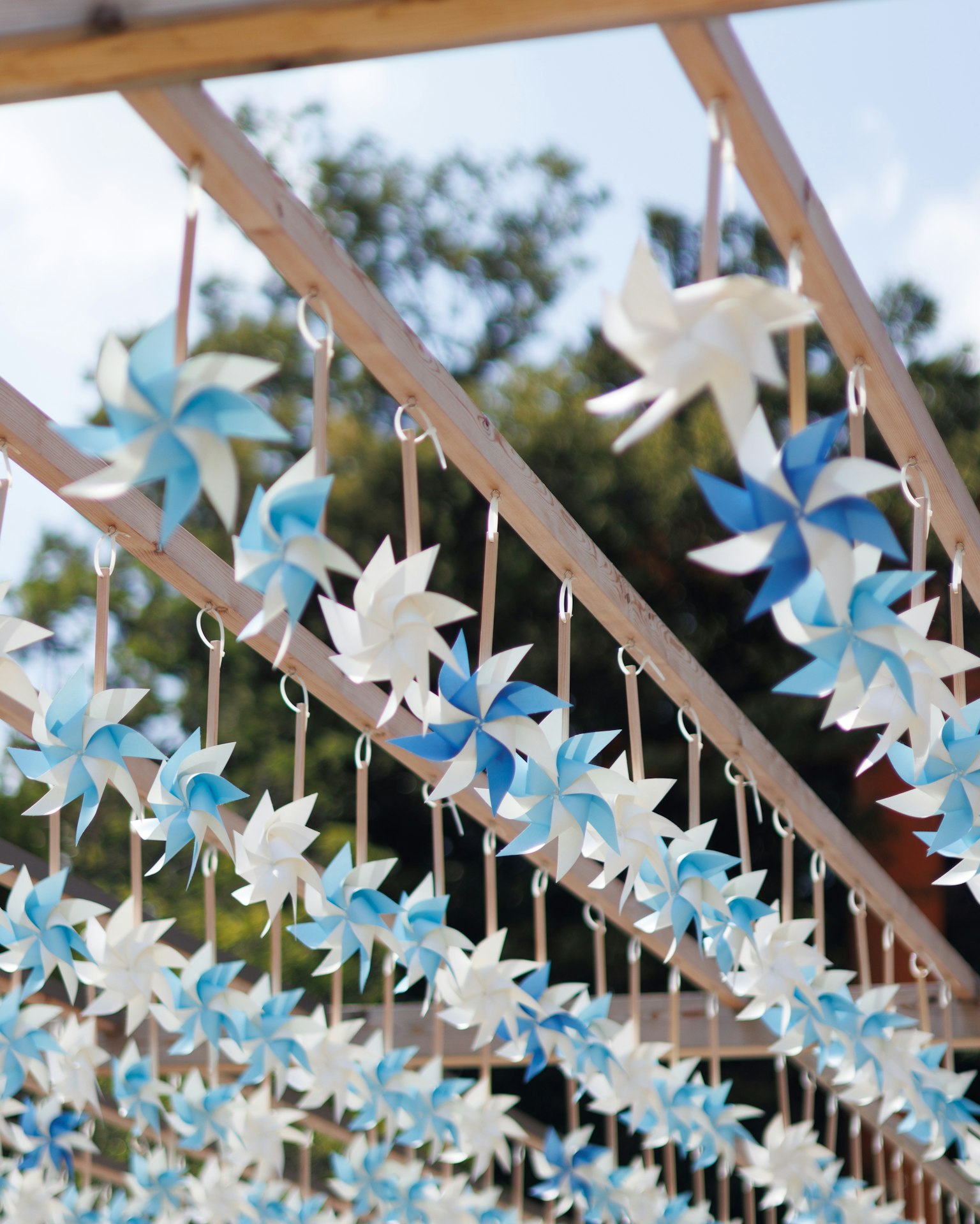 Blue and white pinwheels hanging as decoration