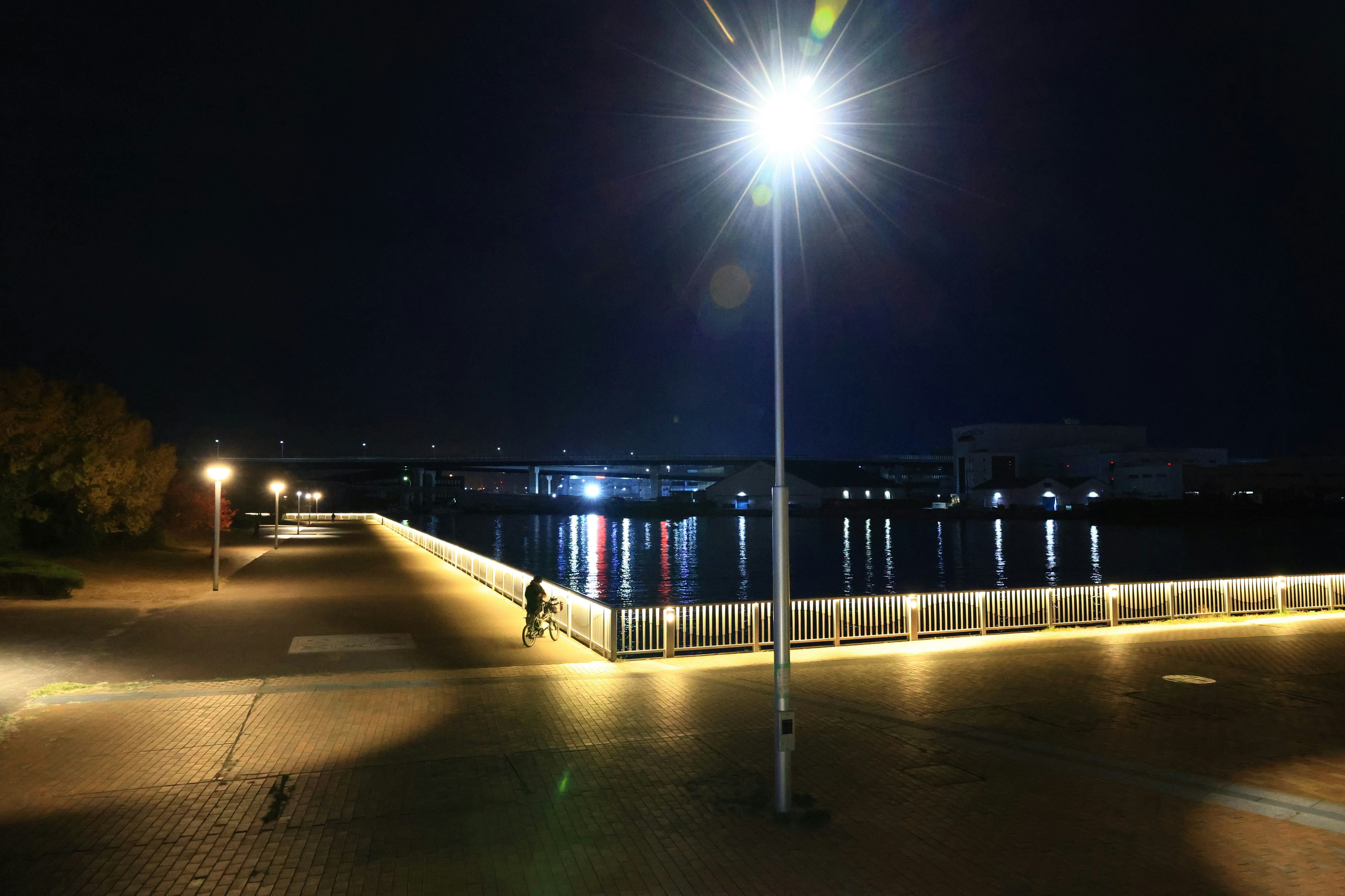 passeggiata sul fiume di notte con lampioni