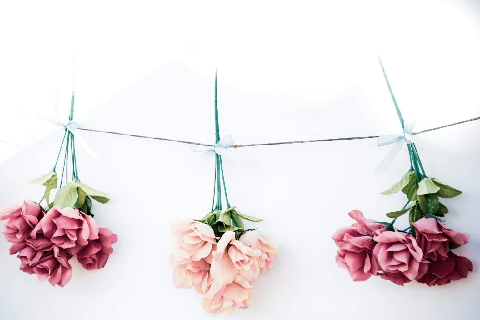 Tre mazzi di fiori rosa e rossi appesi a un filo su uno sfondo bianco