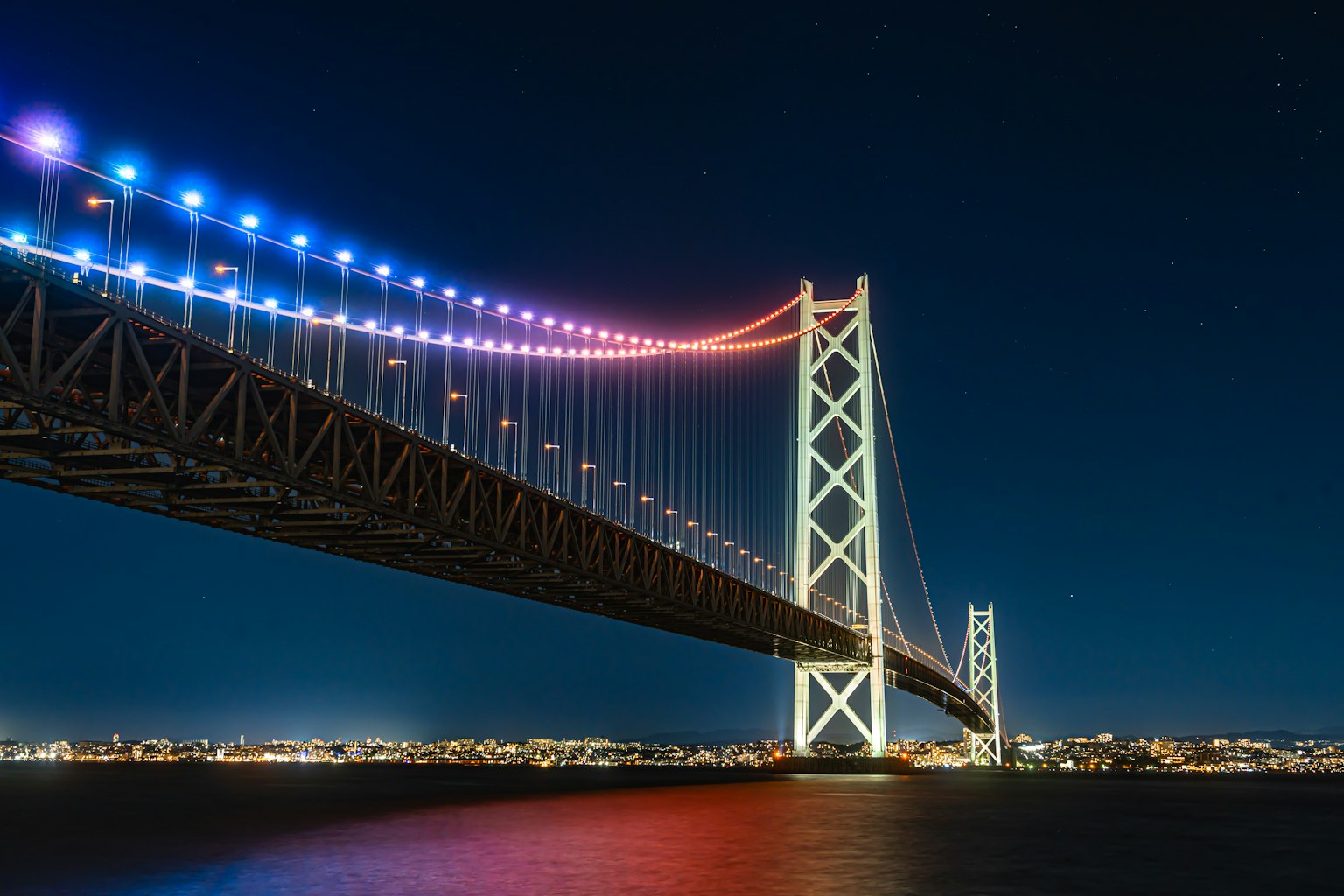 照明的桥横跨黑暗的夜空和城市灯光