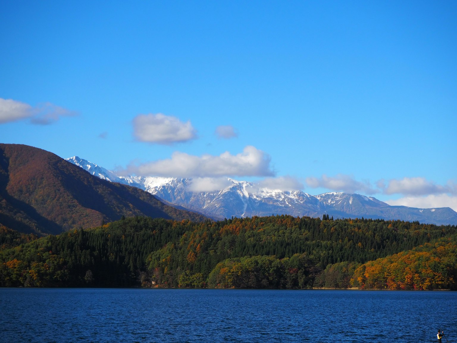 Vue pittoresque des montagnes enneigées et du ciel bleu lac au premier plan avec feuillage d'automne