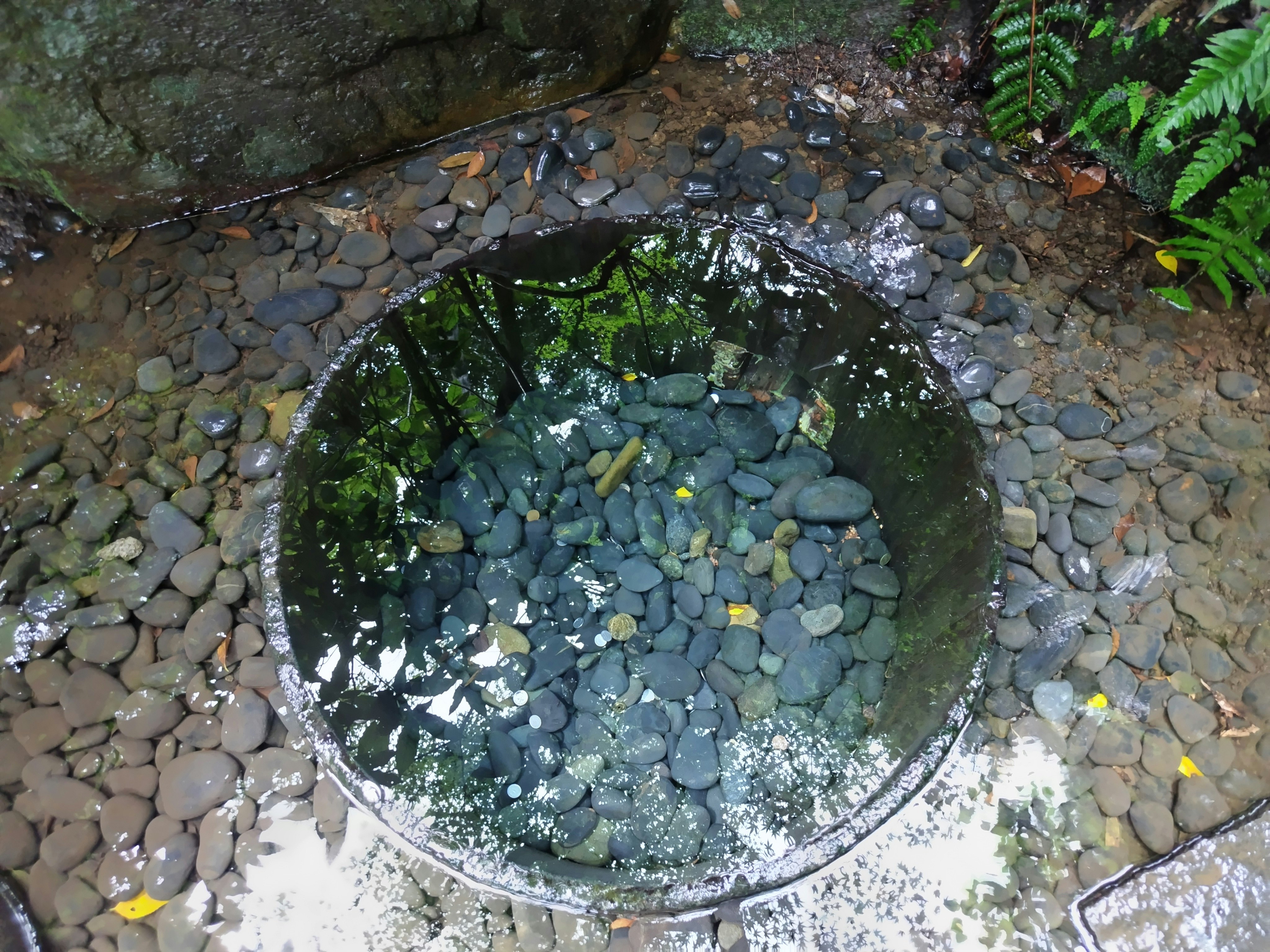 井戸の中に敷き詰められた青い石と水辺の景観