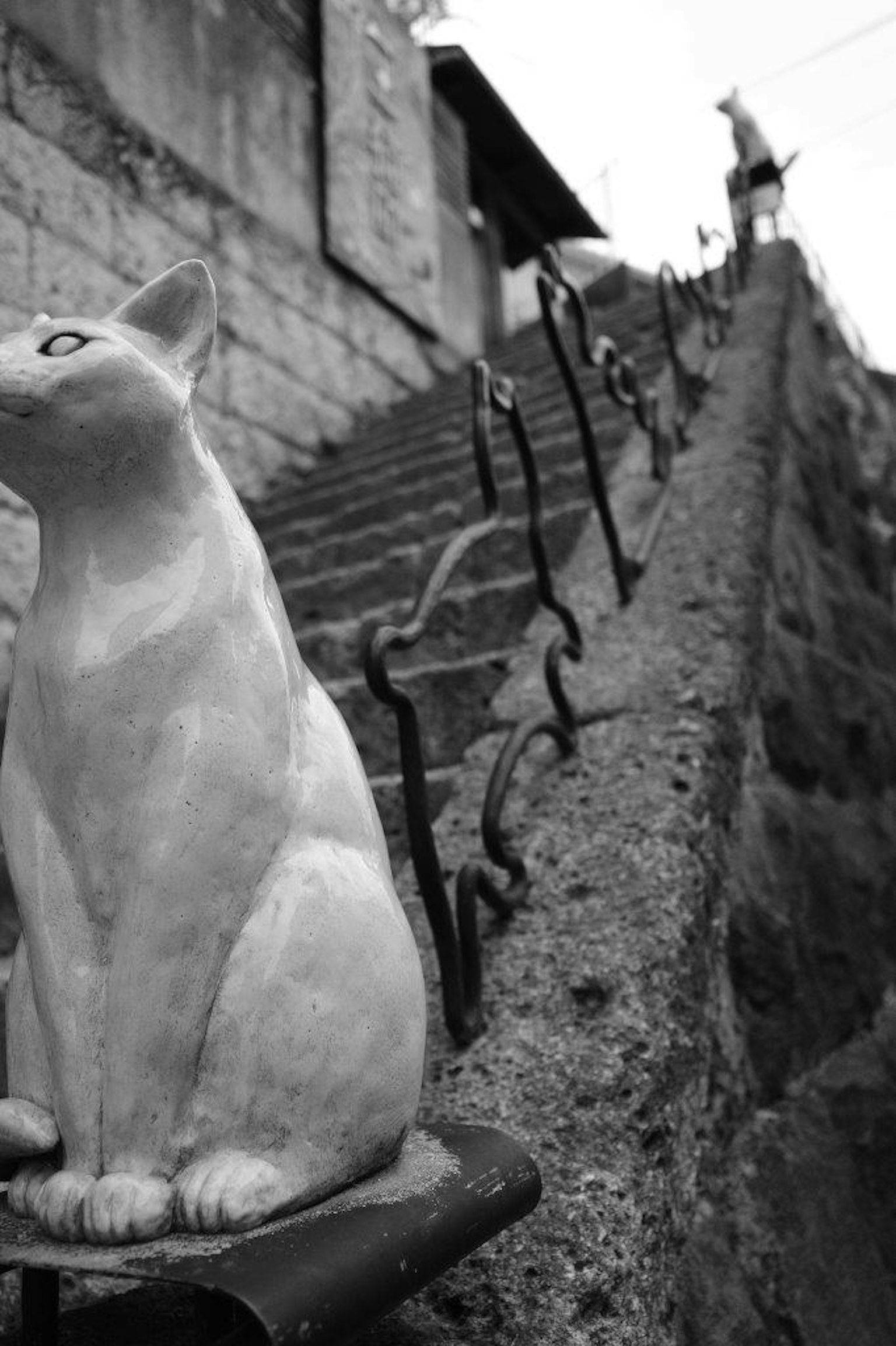 Scultura di un gatto bianco seduto accanto alle scale con una persona che cammina sopra