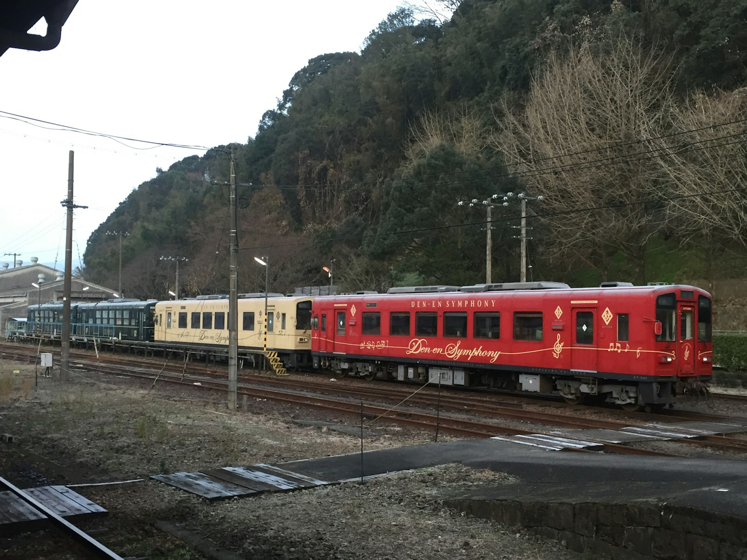 Train rouge et train jaune garés sur les voies dans un paysage pittoresque